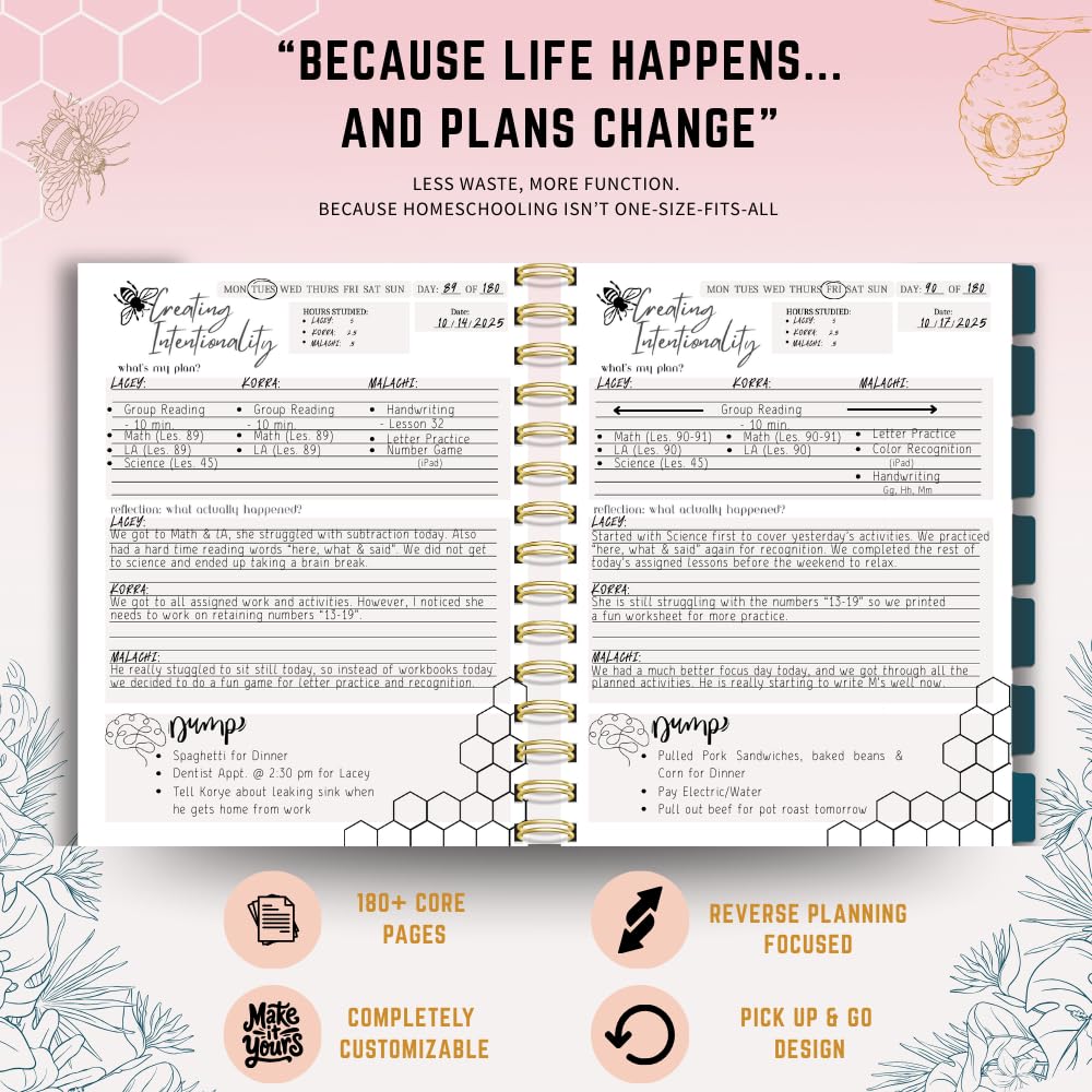 Homeschool Planner Undated for Moms - 180 Daily Pages + 12 Monthly Calendars | 8.5x11 Gold Spiral Bound | Attendance, Reading Log, Grade Tracker