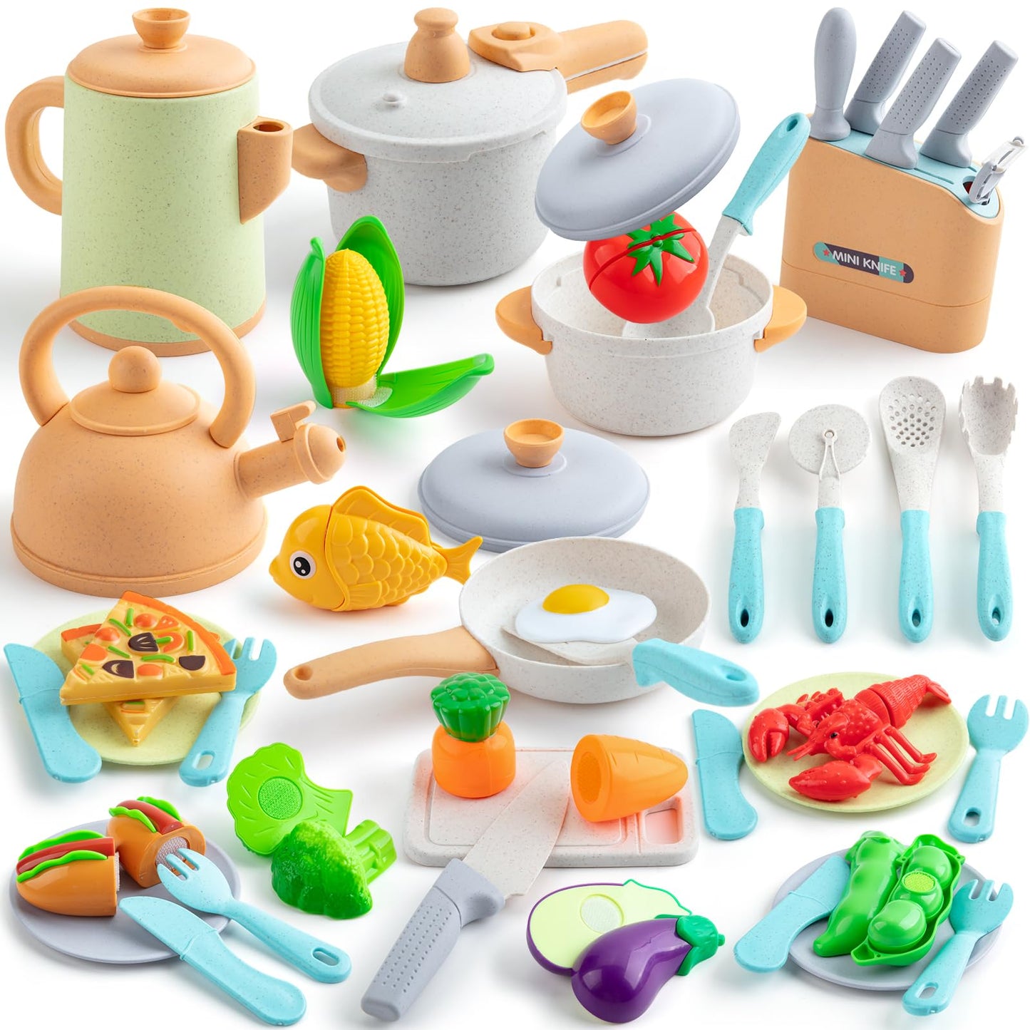 SWEYOGURT TIKJOYFUL 42Pcs Play Kitchen Accessories, Kids Kitchen Pretend Play Toys with Play Pots and Pans, Utensils Cookware Toys, Play Food Set, Toy Vegetables, Learning Gift for Girls Boys