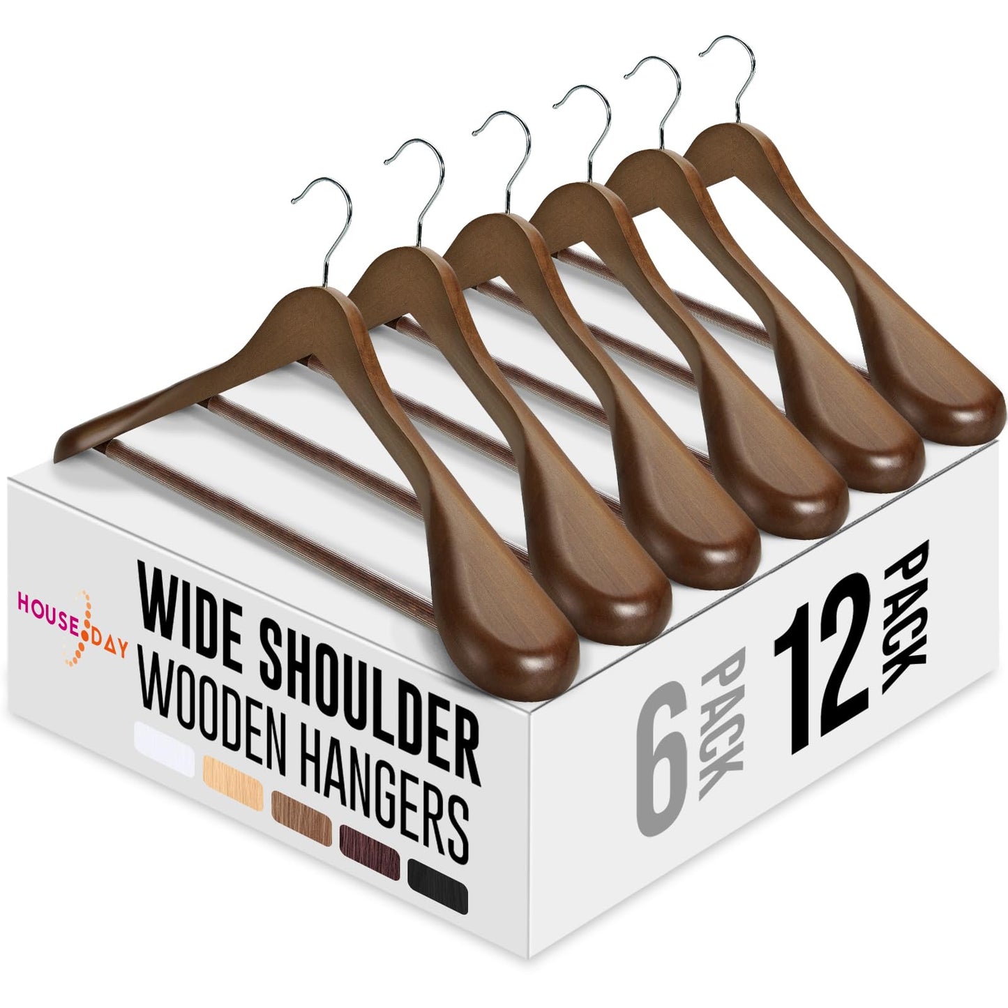 HOUSE DAY Wide Shoulder Wooden Hangers 12 Pack, Wood Suit Hangers for Men with Non Slip Pants Bar, Smooth Finish Solid Wood Coat Hanger for Jacket, Pants, Dress, Heavy Clothes Hanger (Walnut)