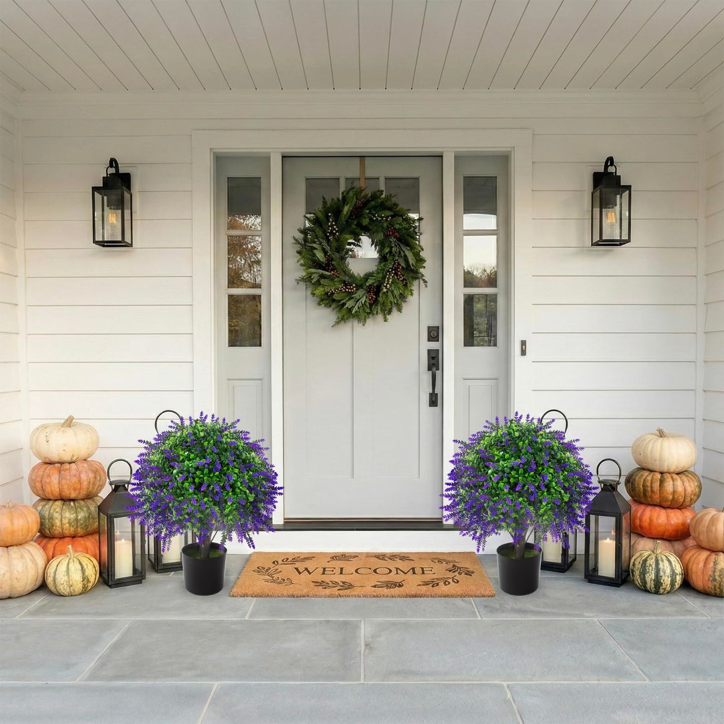 2 Pcs Artificial Lavender Topiary Ball Trees Potted Plants, UV Resistant Fake Lavender Topiary Plant Purple Trees for Garden, Front Door Porch and Outdoor Decor (Purple, M)