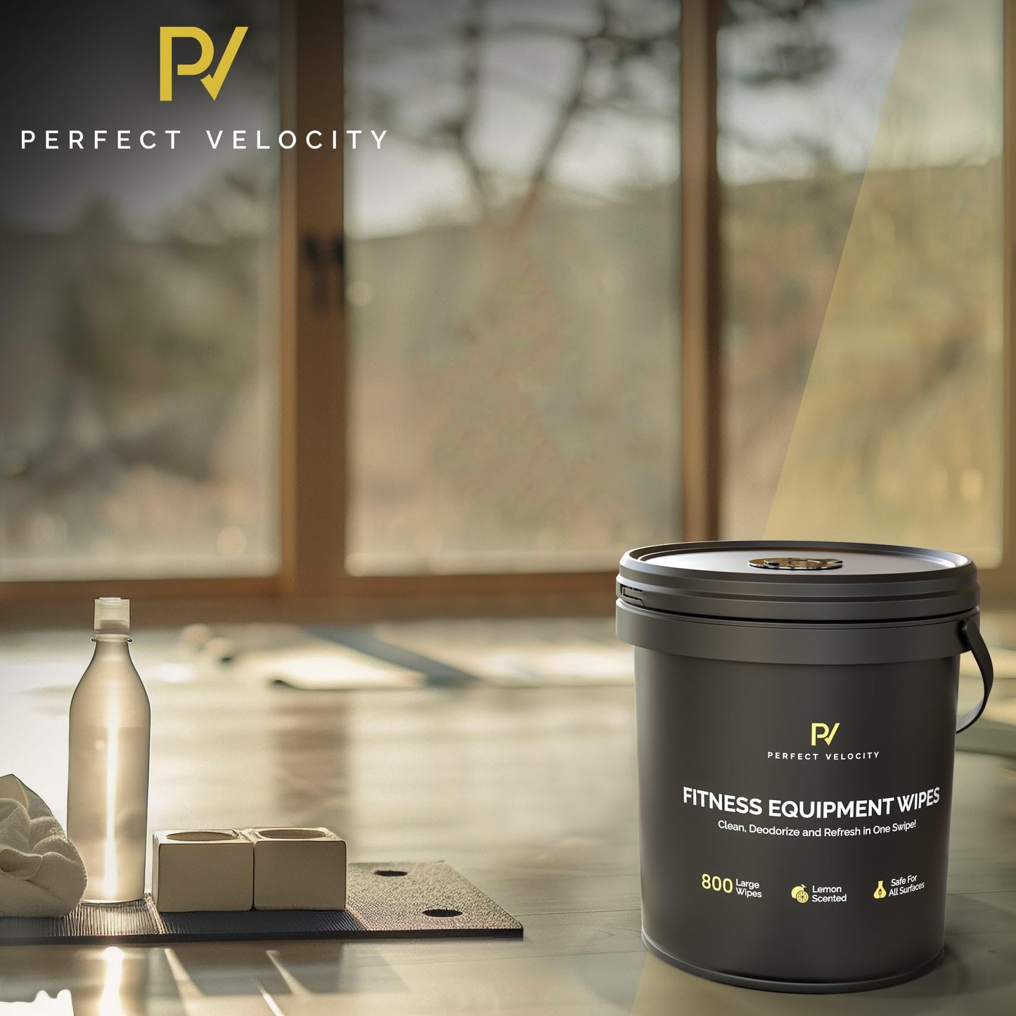 Perfect Velocity Fitness Equipment Wipes with Reusable Bucket Dispenser - 800 Pre-Moistened Lemon Scented Multi-Surface Wet Wipes - All Purpose Gym Cleaner for Yoga Mats & Exercise Equipment