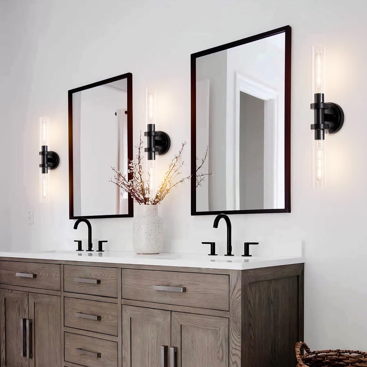 SANTOSTOCK Black Sconces Wall Lighting, Bathroom 2-Light Vanity Light W/Clear Glass Shade, Modern Wall Mounted Lights for Mirror, Makeup Vanity, Kitchen, Washroom, Hallway, E26 T10 Bulbs(Excluded)