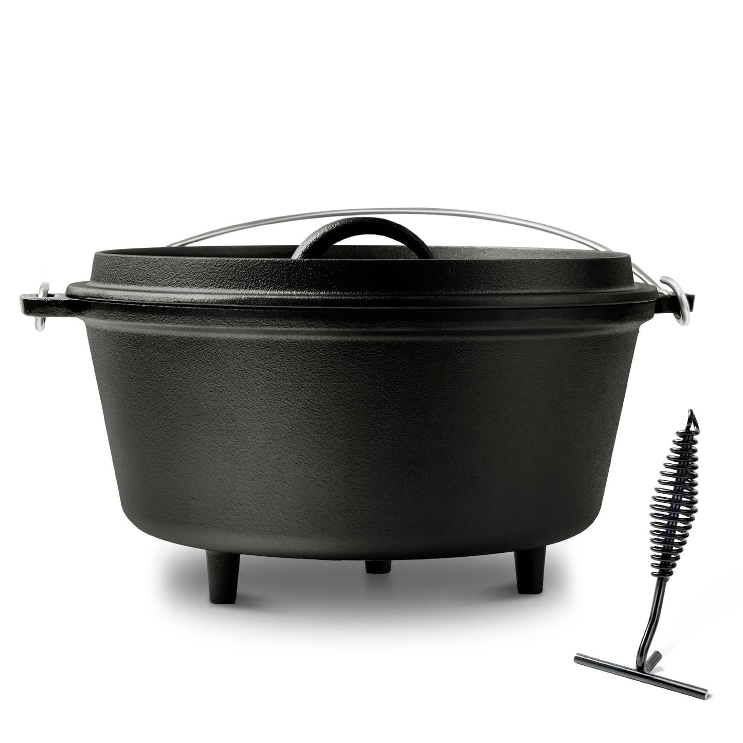 Blingco Pre-Seasoned Cast Iron 8QT Camp Dutch Oven with Lid, Large Camping Dutch Oven Pot, incl. Lid Lifter - Dual Handles - for Outdoor Campfire, Grill, Oven & Stovetop Cooking-Black