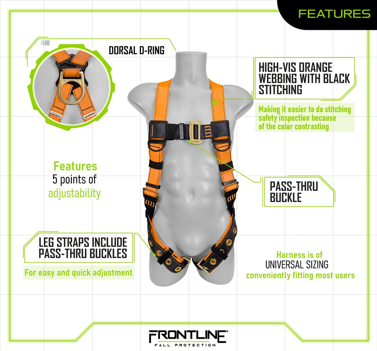 Frontline K100-61S Combat™ Compliance Kit | Harness 5 point |Meets or exceeds ANSI-OSHA standards (Harness, 6' Single Snap Hook)