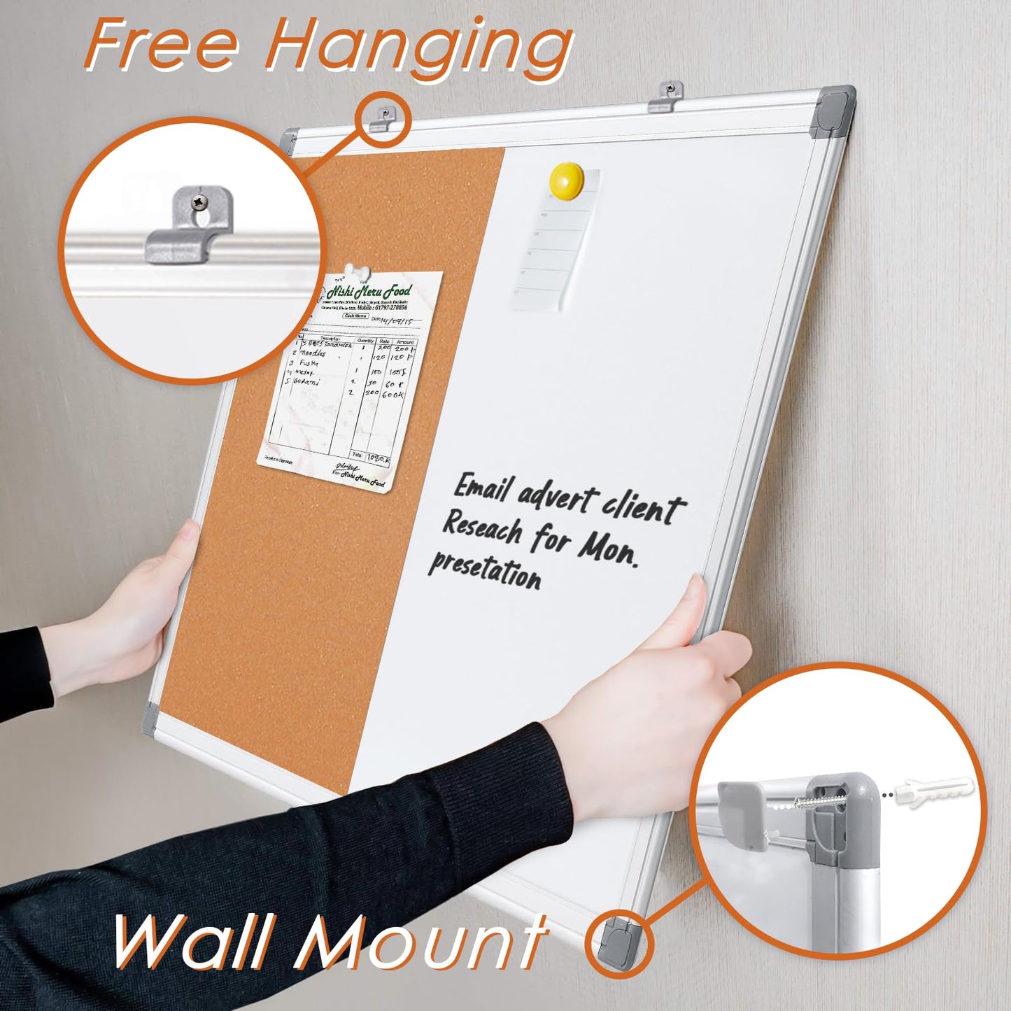 S SWANCROWN Half Corkboard and Magnetic Whiteboard Combo Dry Erase Bulletin Board for Retail School,Office,Family,Aluminium Frame,36x24 Inches