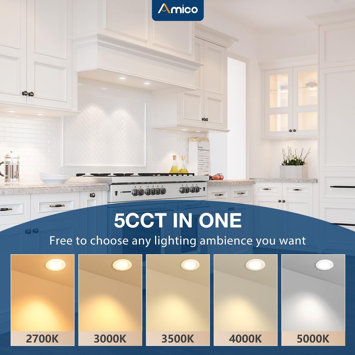 Amico 12 Pack 2 Inch 5CCT Ultra-Thin LED Canless Recessed Ceiling Light with Junction Box, 2700K/3000K/3500K/4000K/5000K Selectable, CRI90+, 6W=40W, 350LM, Dimmable Canless Wafer Downlight-ETL&FCC
