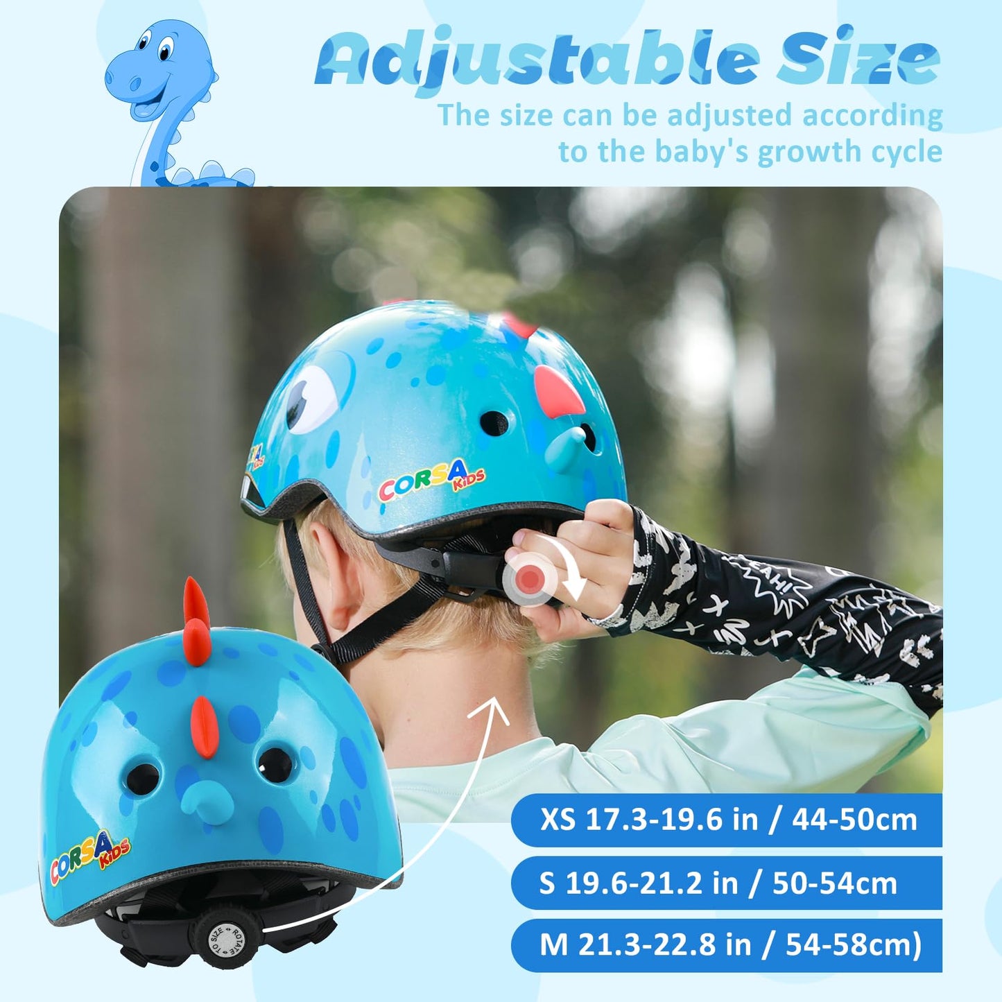 Atphfety Toddler Kids Bike Helmet, Adjustable and Multi-Sport, 3 Sizes for Ages 1-2-3-5-8-14 Years Child Infant Boys Girls (Blue Dinosuar, XS: 44-50 cm / 17.3"-19.6")