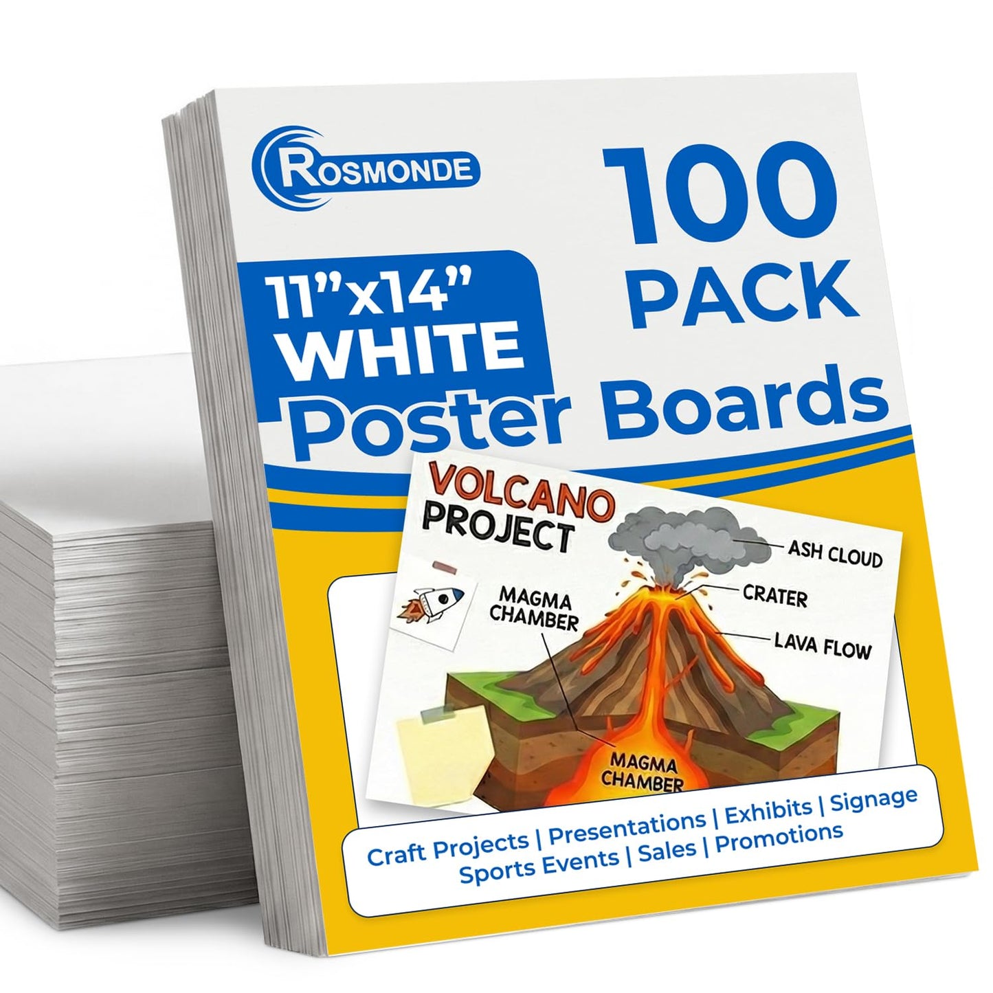 Rosmonde Bulk Poster Boards 100 Pack, Thick 11"x14" White Posterboards Sheets, Premium Thick Board, Poster Board Paper For Classroom Projects, Vision & Display Boards For School & Office Presentations