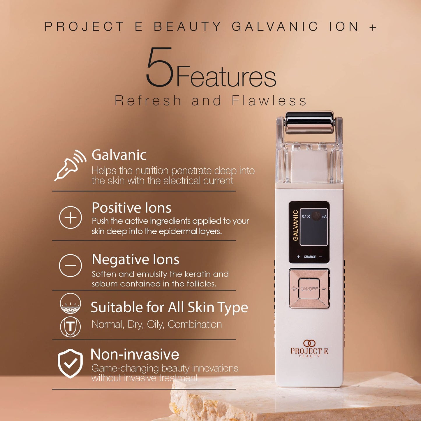 Project E Beauty Portable Rechargeable Galvanic Device | Skin Care Reduce Wrinkles Skin Tightening Firming Fine Lines Desincrustation Deep Pore Cleansing Rejuvenation Device