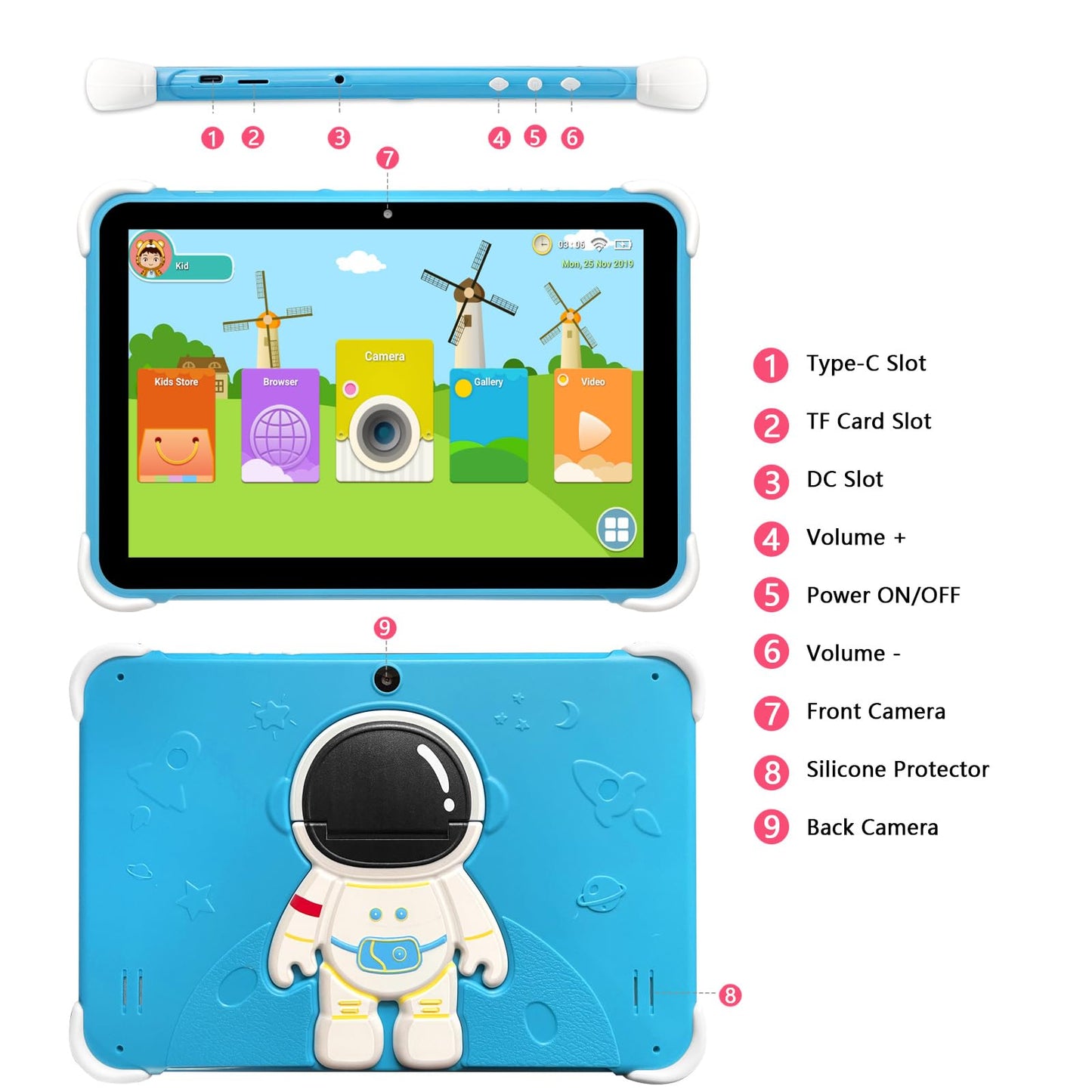 Kids Tablet 10 Inch,Tablet for Kids Android 14,3GB+64GB,8-Core CPU,2.4/5G WiFi WiFi 6,12H Battery Life,Parental Control,1280x800 HD Display,Dual Cameras,Shockproof Case,Pre-Installed Educational Apps