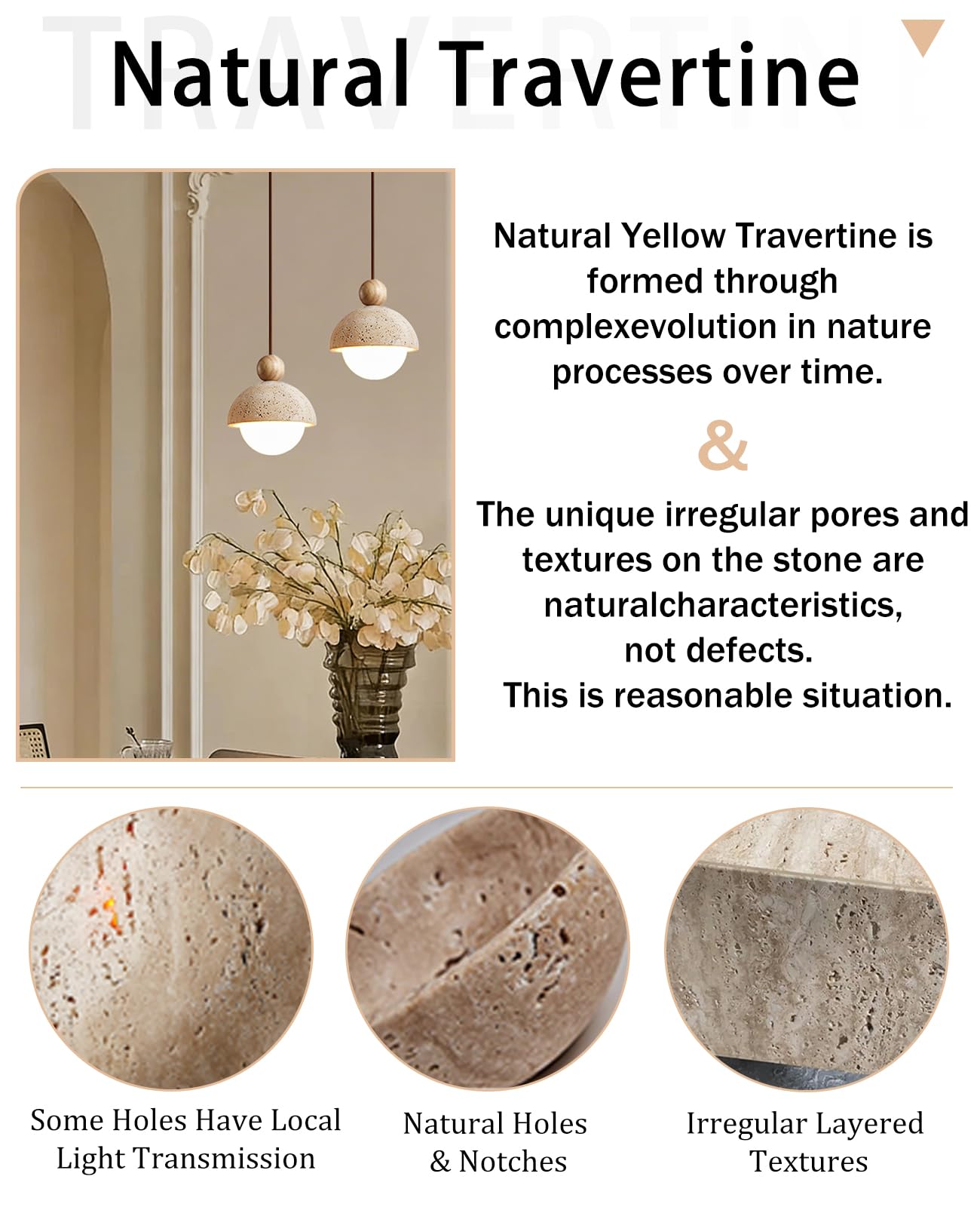 Spherical Wabi Sabi Pendant Light Natural Stone Retro Japanese Style Yellow Travertine Pendant Lighting Vintage Mini Wood Nordic Hanging Light for Kitchen Island Dining Room Bedroom Hallway Bedside