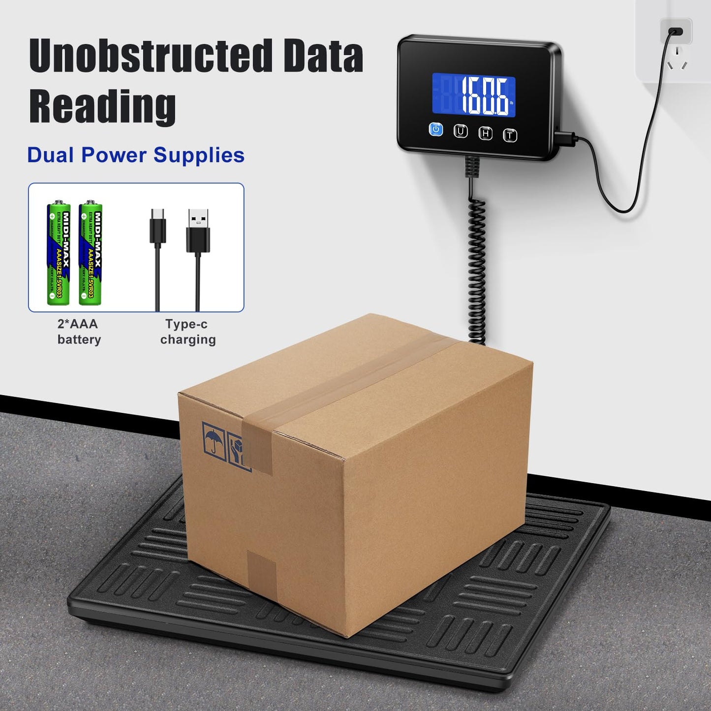 KUAIVO Shipping Scale, 660lbs Heavy Duty Digital Luggage Scale for Packages, 0.35oz High Accurate Postage Scale for Small Business, Warehouse, Home Use, Battery & Charging Cable Include