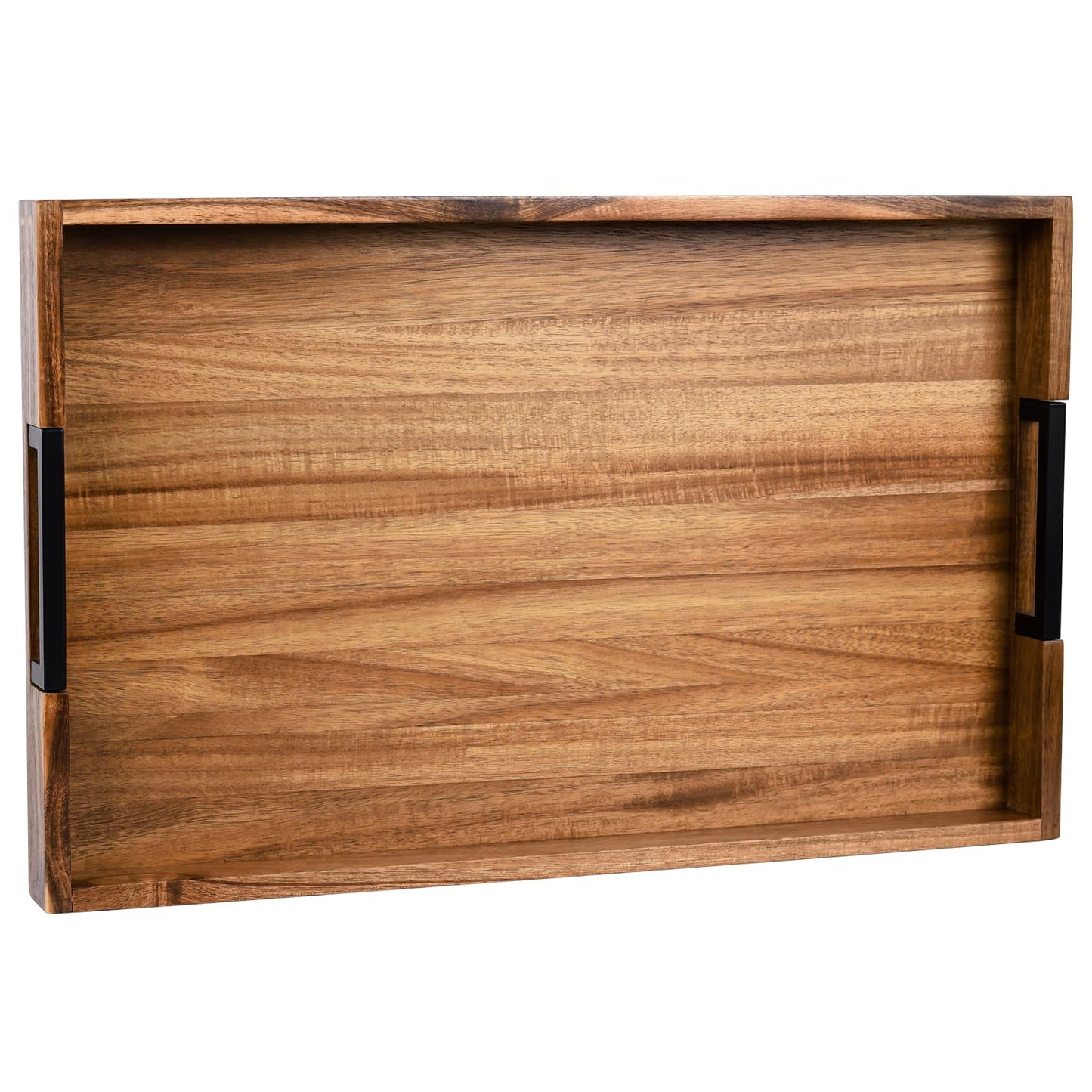 Large Ottoman Tray for Living Room and Coffee Table, Decorative Acacia Wood Serving Tray with Metal Handles for Breakfast in Bed, Dinner Food Kitchen TV (Natural, 24" x 15" x 2")