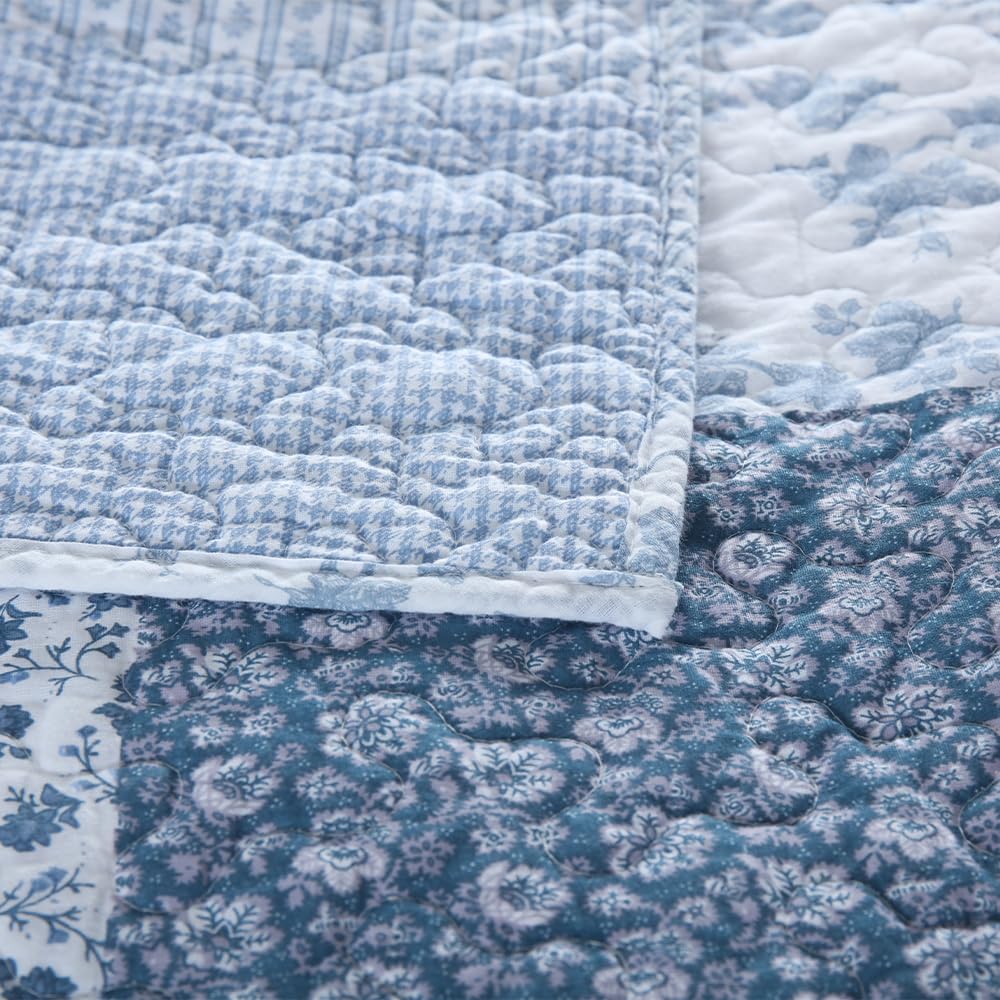 ENASAL Cotton Bedspread Quilt Bedding Sets Reversible Coverlet Sets Comforters Rustic Floral White Blue Patchwork Pattern Bedspread for All Season, King Size