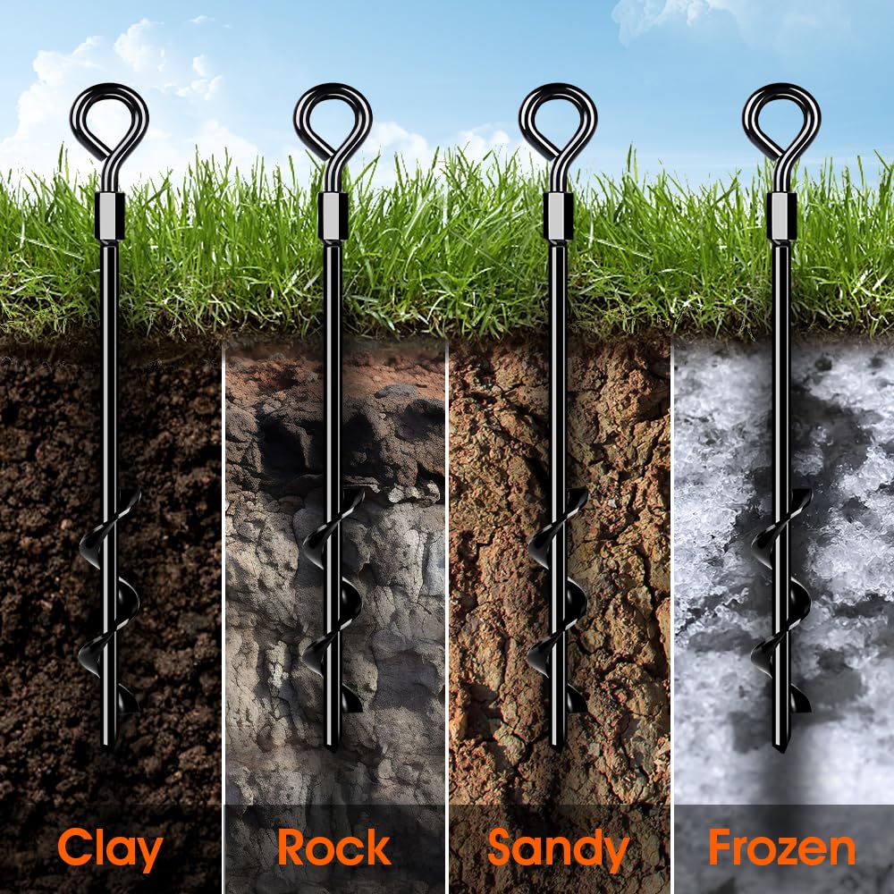 Ground Anchors, Trampoline Anchors Heavy Duty Screw in Ground Anchors 8Pack，Tent Stakes for Camping Tent, Trampoline, Canopies, Carports, Sheds, Swing Sets,14in Ground Anchors for High Winds, Black
