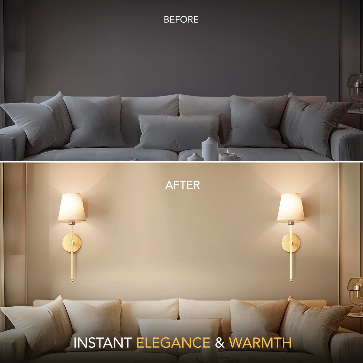 PRIDOLA Set of 2 Wireless Wall Sconces Peel & Stick with Adhesives for Easy Installation with Rechargeable LED Bulbs, Remote Controlled, Adjustable Brightness & Warmth, Living Room Wall Decor (Gold)