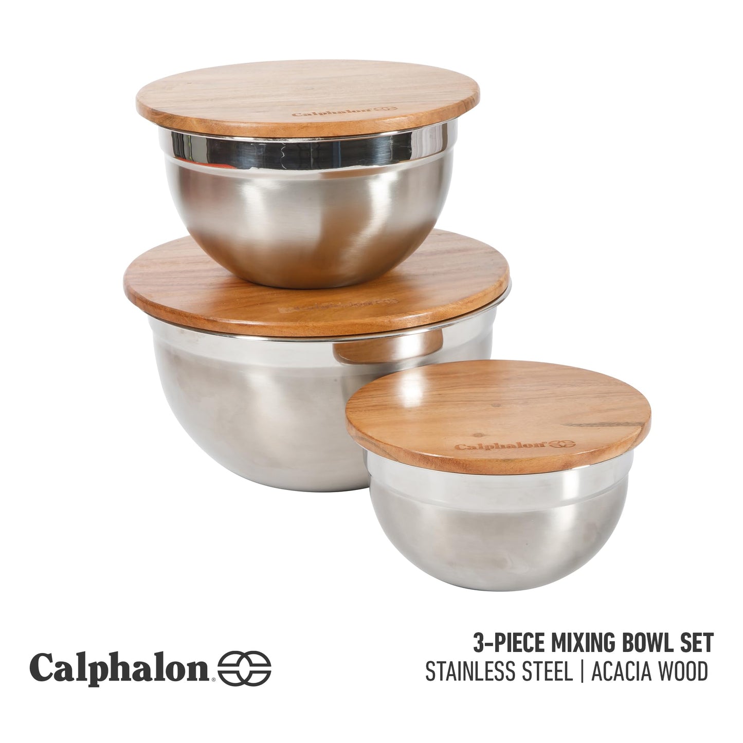 Calphalon Orbit Mixing Bowl Set, 3-Piece Stainless Steel Mixing Bowls(1.5 Qt, 3 Qt, 5 Qt) with Acacia Wood Lids & Non-Slip Base, Kitchen Prep Bowls for Mixing, Serving & Food Storage