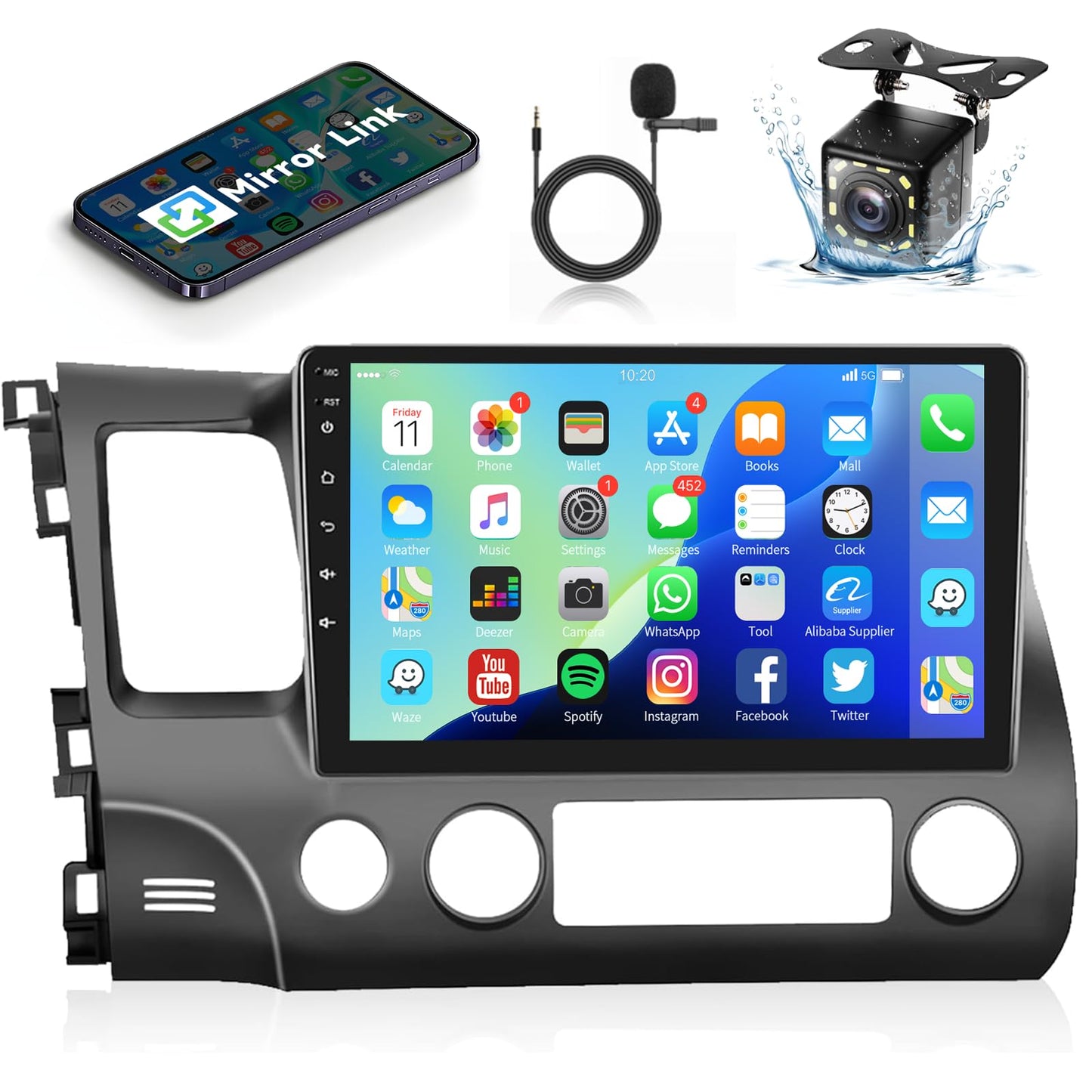 Podofo for Honda Civic 2006 2007 2008 2009 2010 2011 Car Stereo Radio with GPS Navigation 10.1 inch HD IPS Touch Screen Bluetooth Car Radio Support Mirror Link WiFi Backup Camera Mic