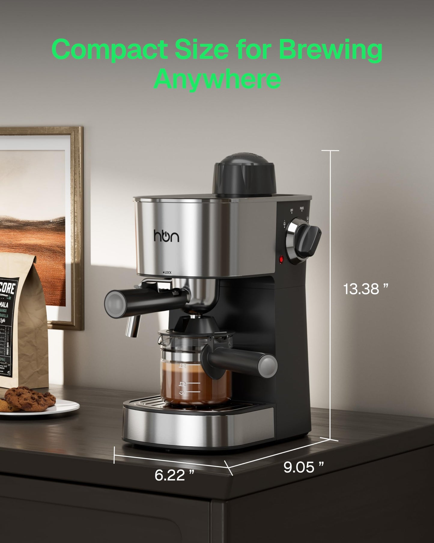 HBN Espresso Machine, 3.5Bar Cappuccino & Latte Maker, 2-4 Cup Stainless Steel Coffee Machine with Milk Frother, 800W Espresso Machine Maker with Steamer, Compact Coffee Maker for Home and Office