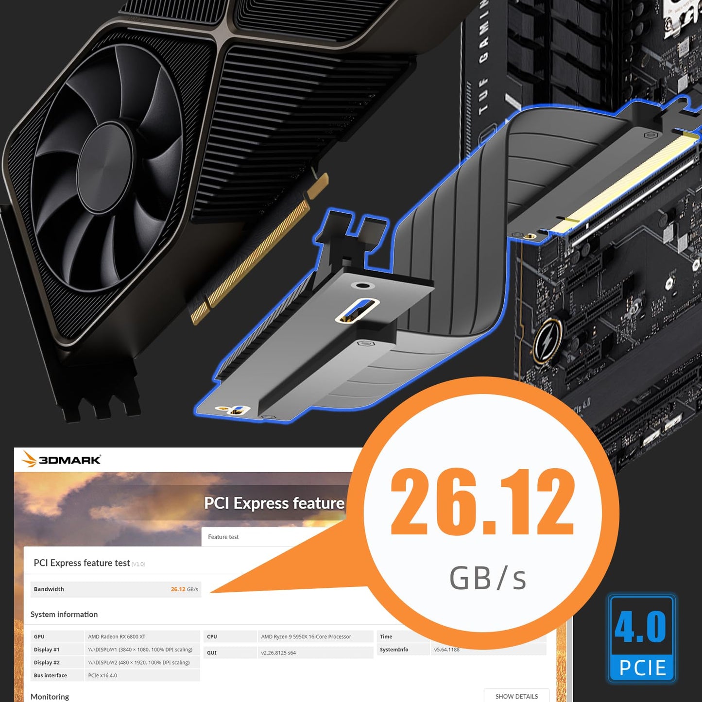 GLOTRENDS 300mm PCIe 4.0 X16 Riser Cable for PCIe 4.0/3.0 GPUs, Such as GeForce RTX 40/30 Series and AMD Radeon RX7000/RX6000 Series, etc