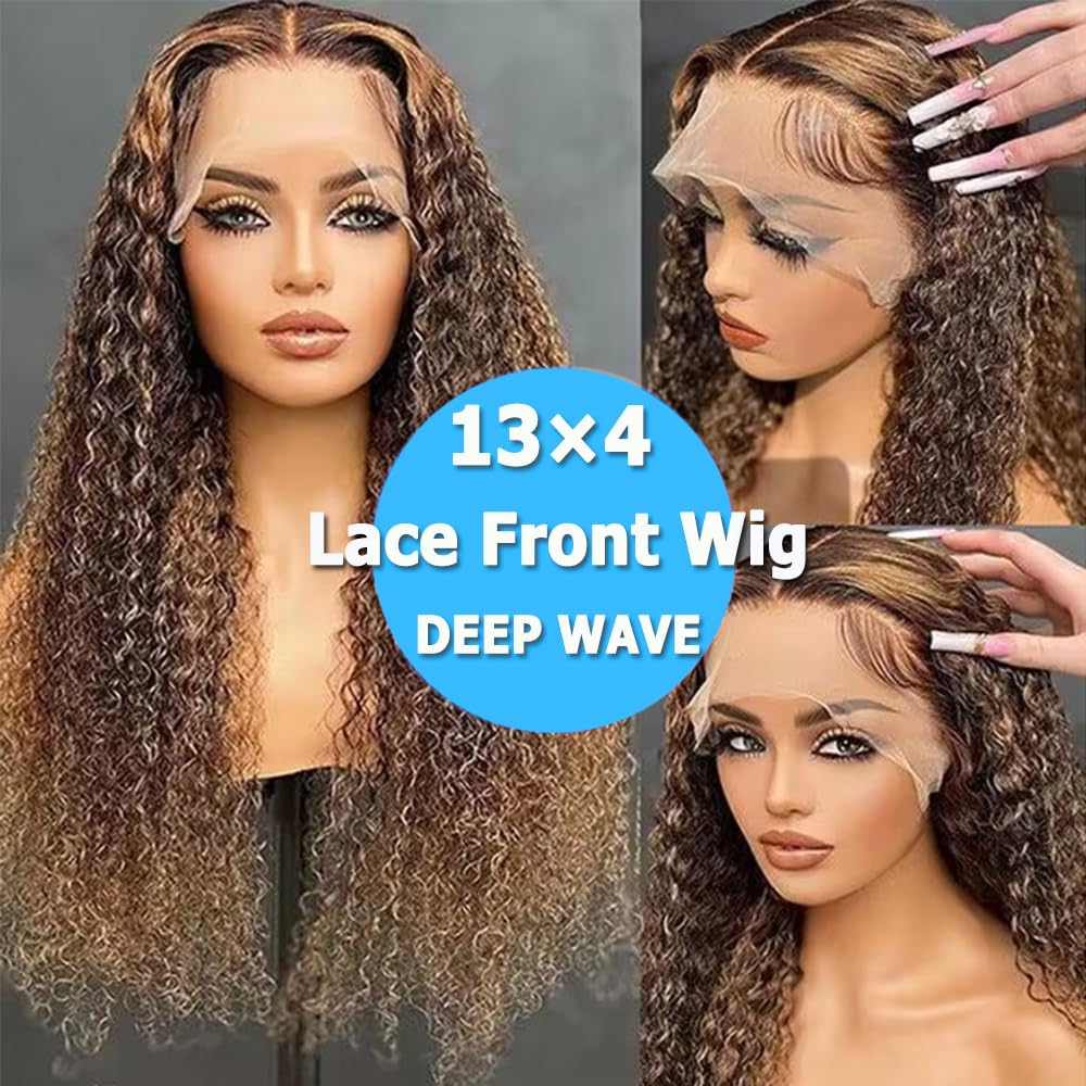 4/27 Ombre Deep wave Lace Front Wigs Human Hair, 13x4 HD Lace Ombre Curly Wig Human Hair, 26 Inch Curly Highlighted Wig Human Hair Glueless Pre Plucked, Honey Blonde Deep Wave Wig Human Hair 180%