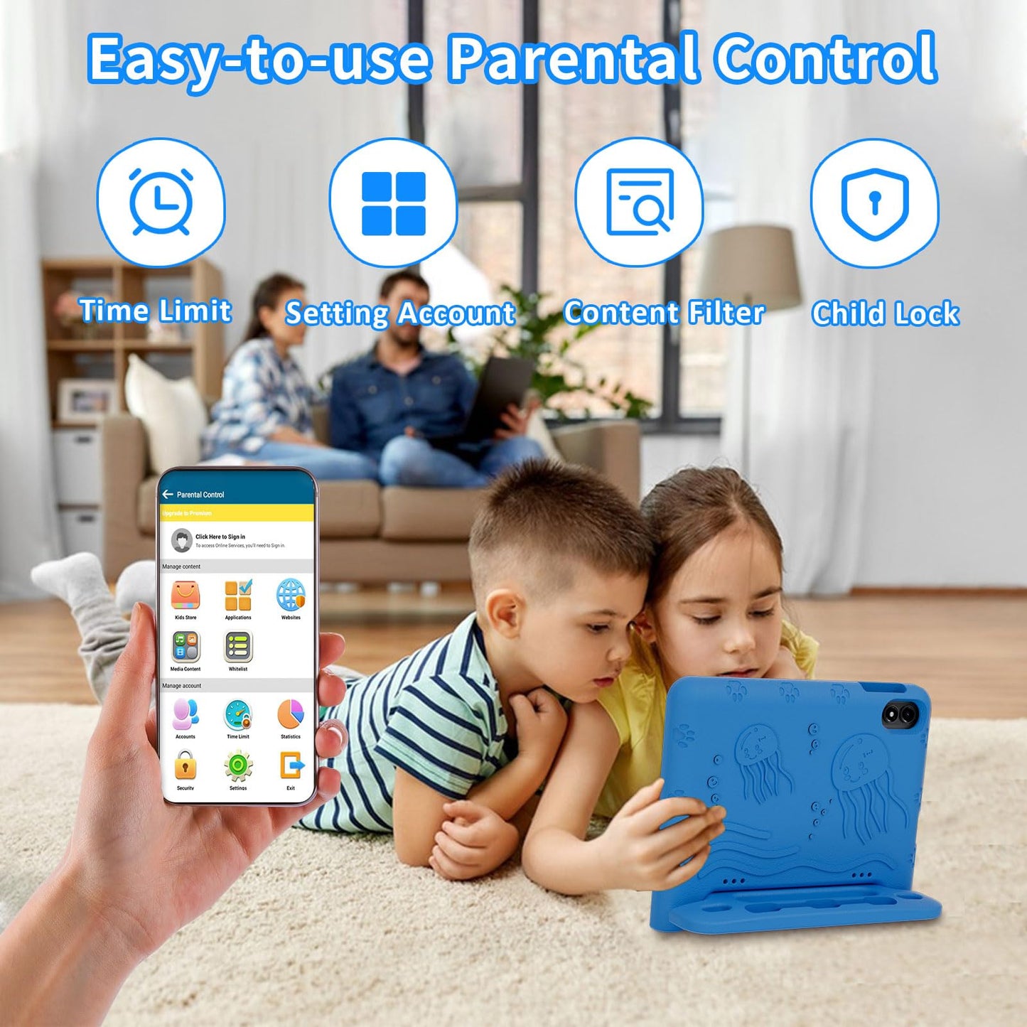 WXUNJA Kids Tablet, Android 14 Tablet for Kids 10.1 inch, 2024 Toddler Tablet Octa-Core 64GB 1TB Expandable,Children's Tablet with Case, Support Parental Control/Dual Camera/Dual Band WiFi - Blue