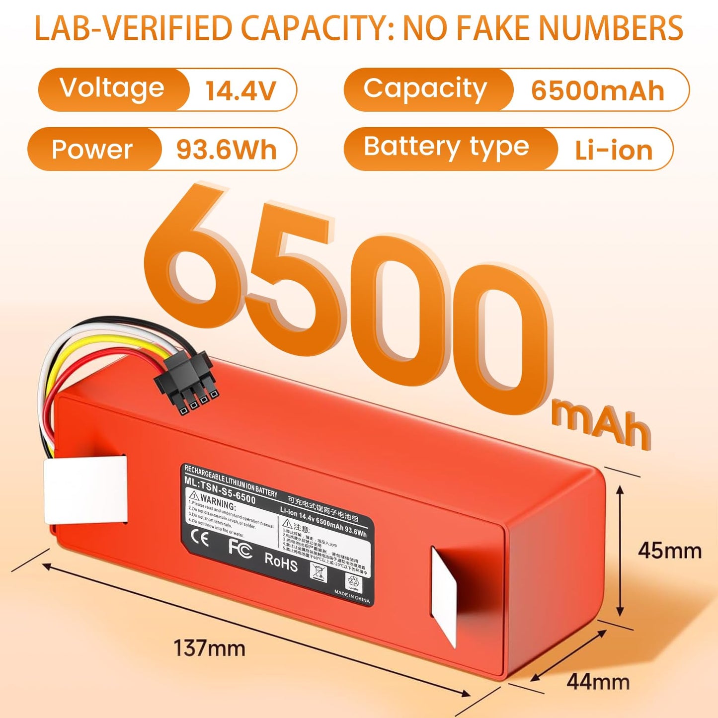TUEESN 14.4V 6500mAh Replacement Battery for Roborock S4 S5 S50 S6 S7 S7 Max
