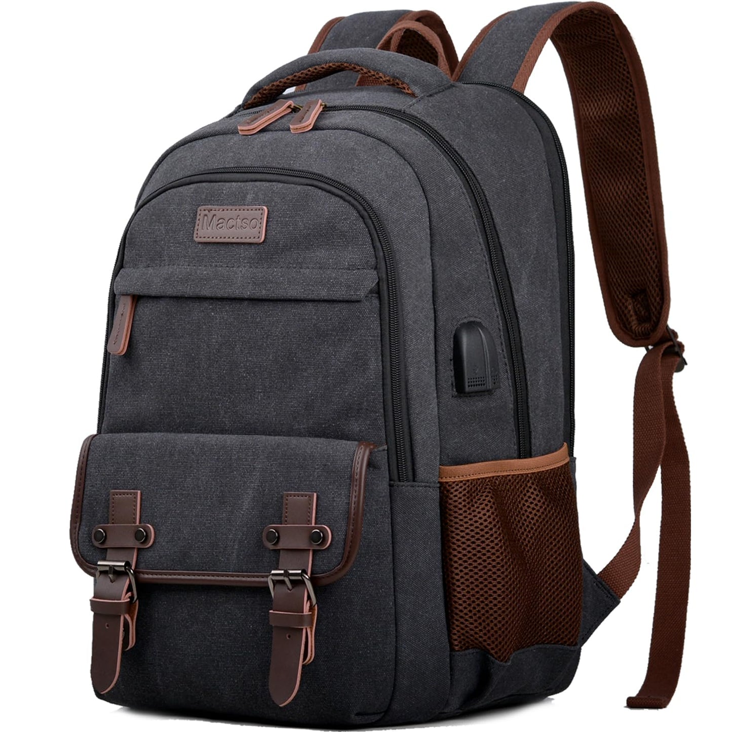 Mactso Canvas Travel Laptop Backpack for Men Women, Business Work Rucksack College School Computer Bag Fits 15.6 Inch Notebook,Bookbag with USB Charging Port (Black, 15.6 Inch)
