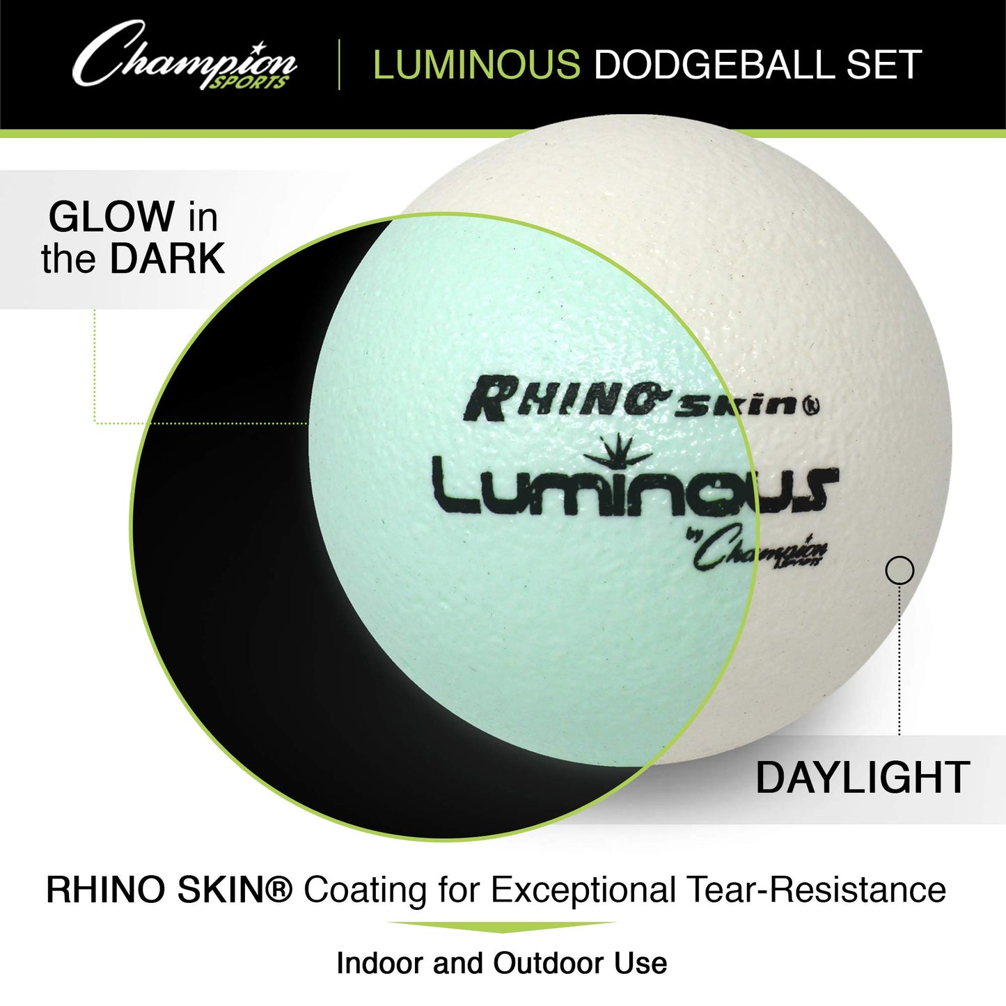 Champion Sports Premium Rhino Skin Dodgeballs with Mesh Storage Bag, Set of 6 - Glow in the Dark Playground Balls for Outdoor Games and Gym Class - Low Bounce Dodgeballs