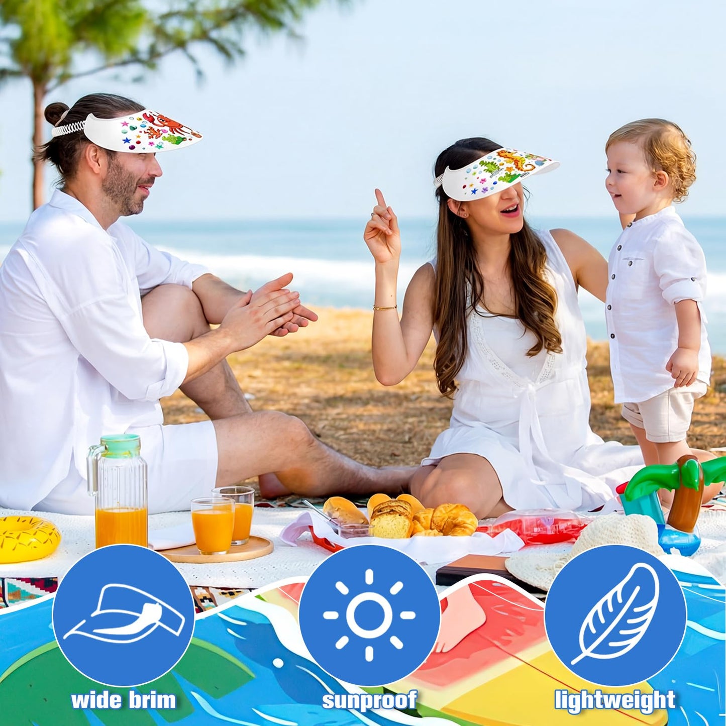 Bonuci 24 Pcs Summer Adjustable Foam Visors Bulk DIY Themed Sun Foam Visors with Markers Rhinestone Stickers Funny Elastic Summer Sun Hat for Crafts Outdoor Sports Party Camping Trips