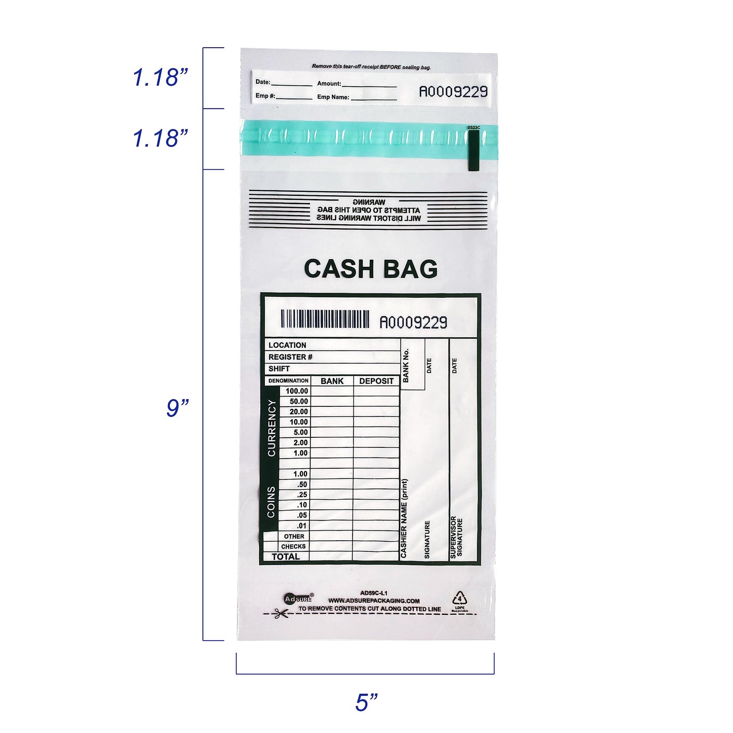 ADSURE Clear Plastic Small Bank Deposit Bags For Cash | Pack of 1000 | 5"x9"|Tamper Evident Bags | Write-On Panel and Tear-Off Receipt | Ideal for Cash Handling