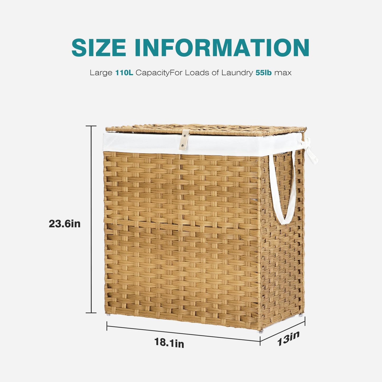 DUMOS Wicker Laundry Basket with Lid, 110L Woven Laundry Hamper with Handles, Foldable Rattan Clothes Hamper with Removable Liner & Sturdy Steel Frame, Goose Yellow
