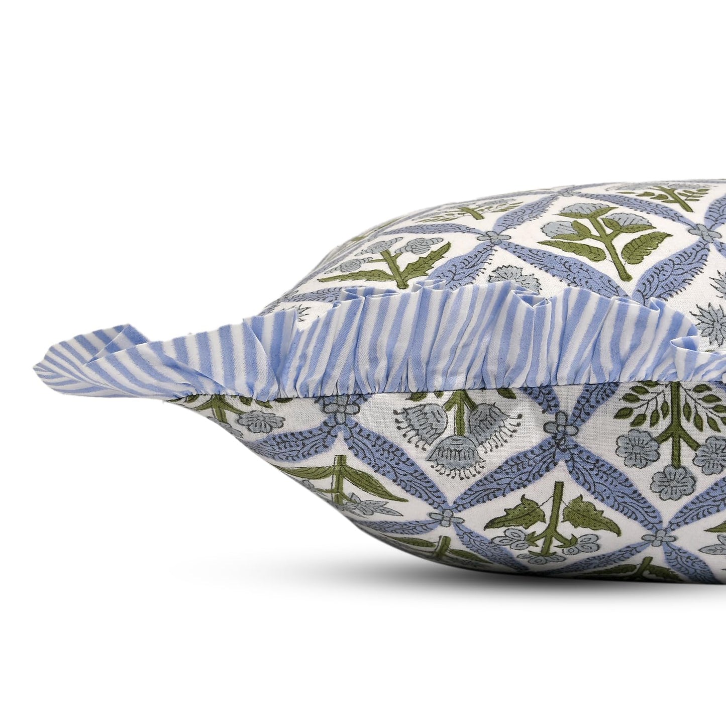 Ridhi Block Print Light Steel Blue Throw Pillow Cover 20" x 20" (Pack of 2) Decorative Cushion Covers with Ruffle for Couch, Sofa, Bed, Living Room, Home Decor Gift for Spring, Easter, Valentine