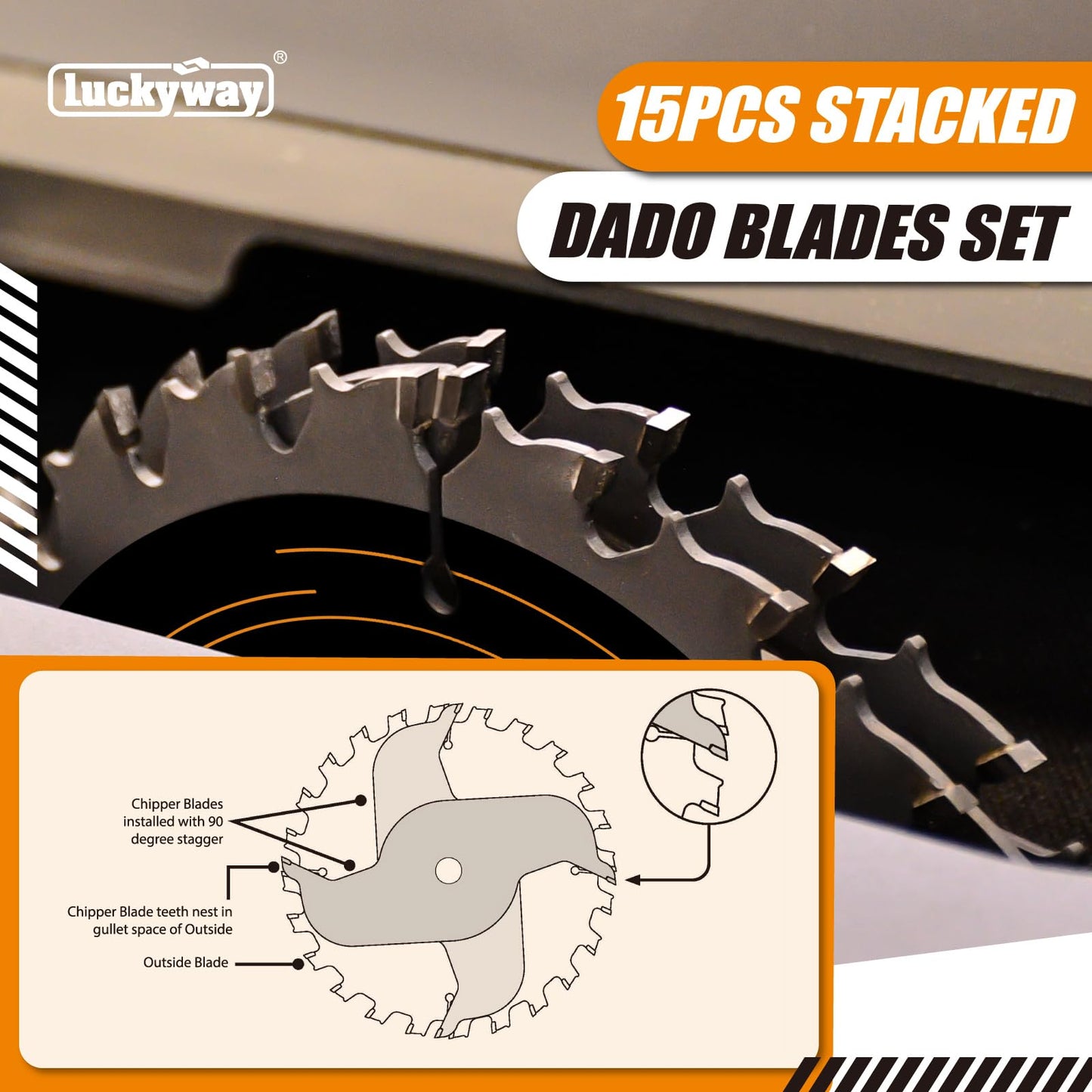 Luckyway Dado Blade Set, 8 Inch Stacked Dado Blades for 10" Table Saw 24 Carbide Tip Tooth with 5/8 Inch Arbor, Cutting Width from 1/4" to 7/8" in 1/16"- 15 Pieces