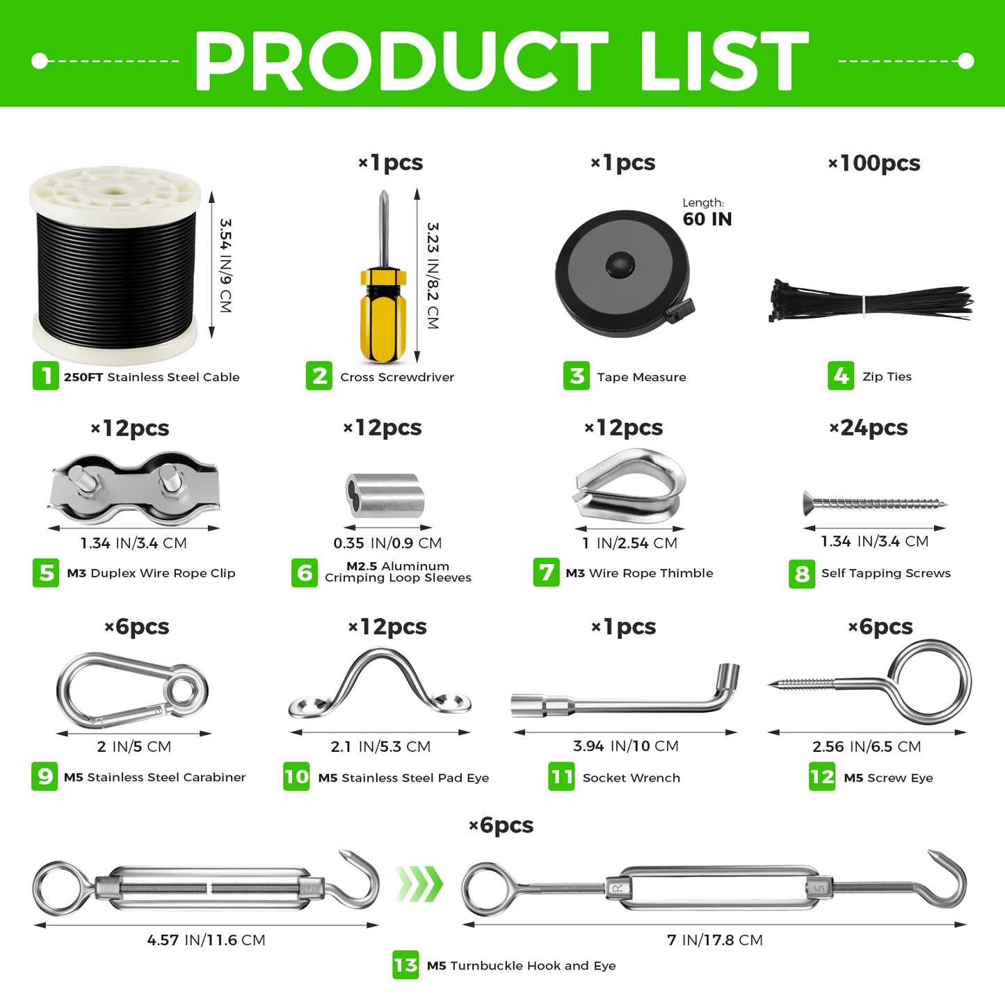 WAYSKA String Light Hanging Kit with 250FT Nylon Coated Stainless Steel 304 Wire Rope Cable Suspension Kit Included Enough Accessories, Turnbuckles and Hooks for Patio, Outdoor and Backyard Lighting
