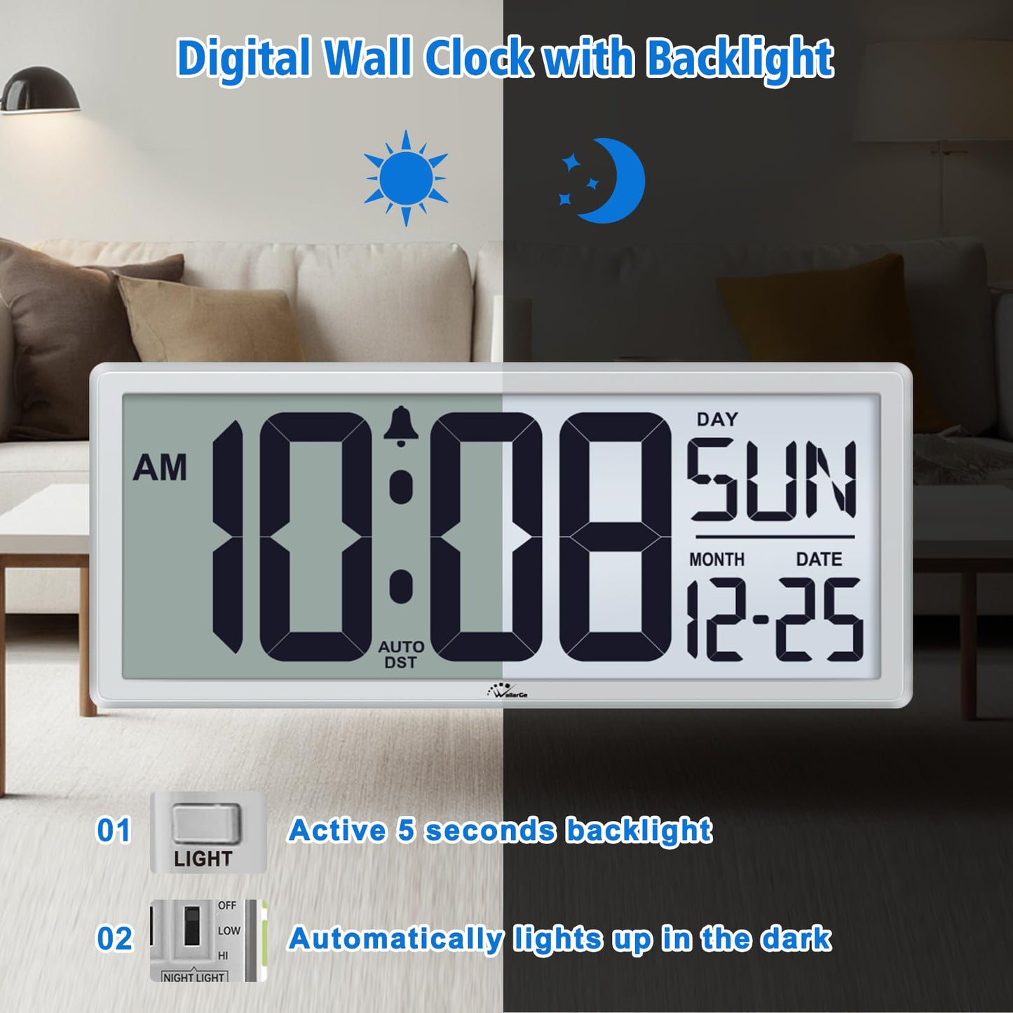 WallarGe Backlight Digital Wall Clock Battery Operated - with Temperature and Date 14.5'' Large Digital Wall Clock, Easy to Read and Set, Auto DST