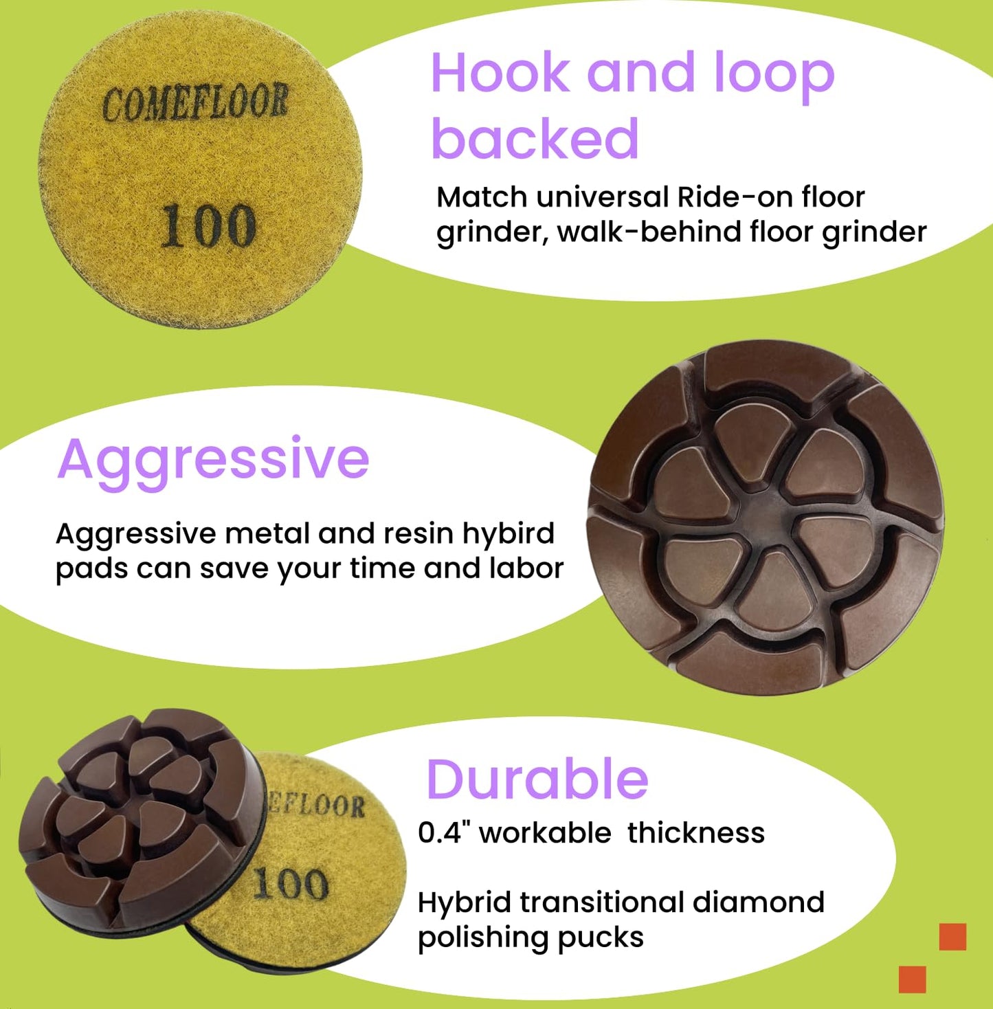 3 Inch Hybrid Diamond Polishing Pucks for Concrete Terrazzo Floor, Hook and Loop Transitional Grinding Pads,100# 9PCS