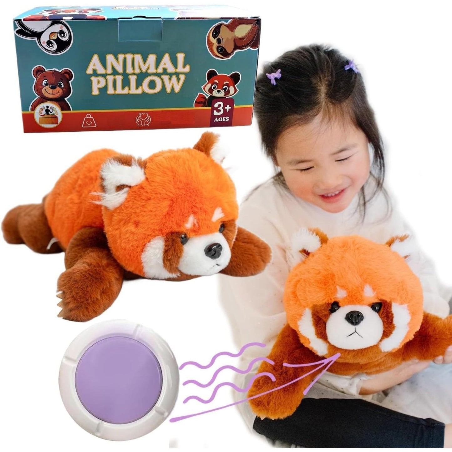 Red Panda Sensory Weighted Vibrating Pillow, Pressure Activated for Kids Adults Plush Minky Soft Size11 by 20 inches Pillow Animal, Small Heavy Fluffy Fur Weighted Plushie for Gift Birthday Christmas