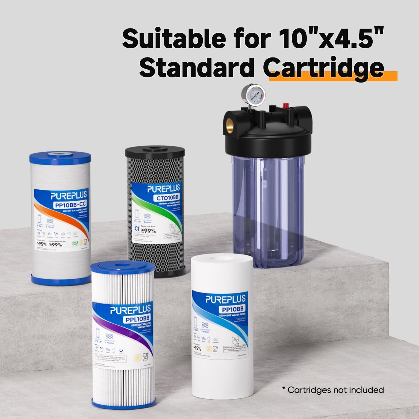 PUREPLUS Whole House Water Filter Housing, 10"x4.5" Universal Housing, Pre-Filtration System, with Pressure Gauge, 1" NPT