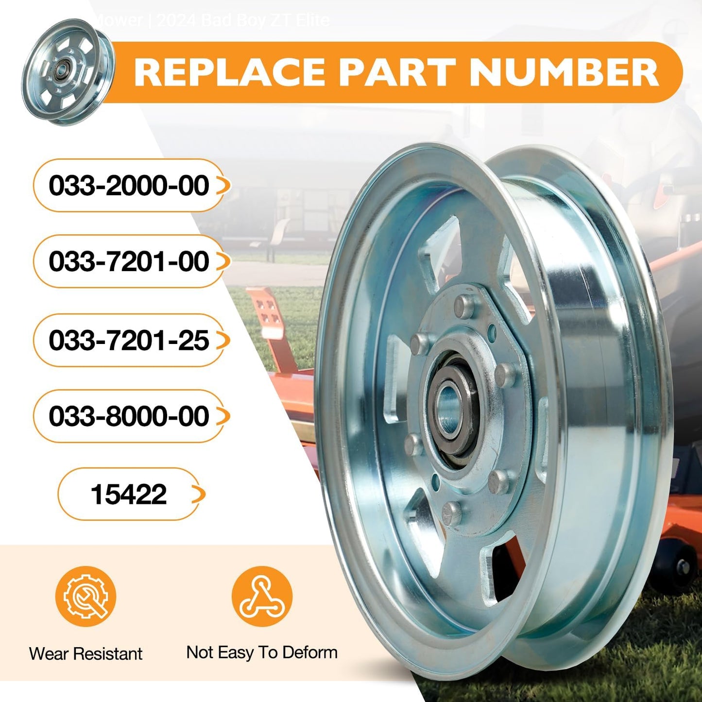Flat Idler Pulley Replaces 033-8000-00, 033-2000-00, 033-7201-00, 033-7201-25, Lawn Mower Idler Pulley Compatible with Bad boy 48"50"54"60" ZT Series, 48"54" MZ Series, 54"61"72" Outlaw Series, 2 Pack