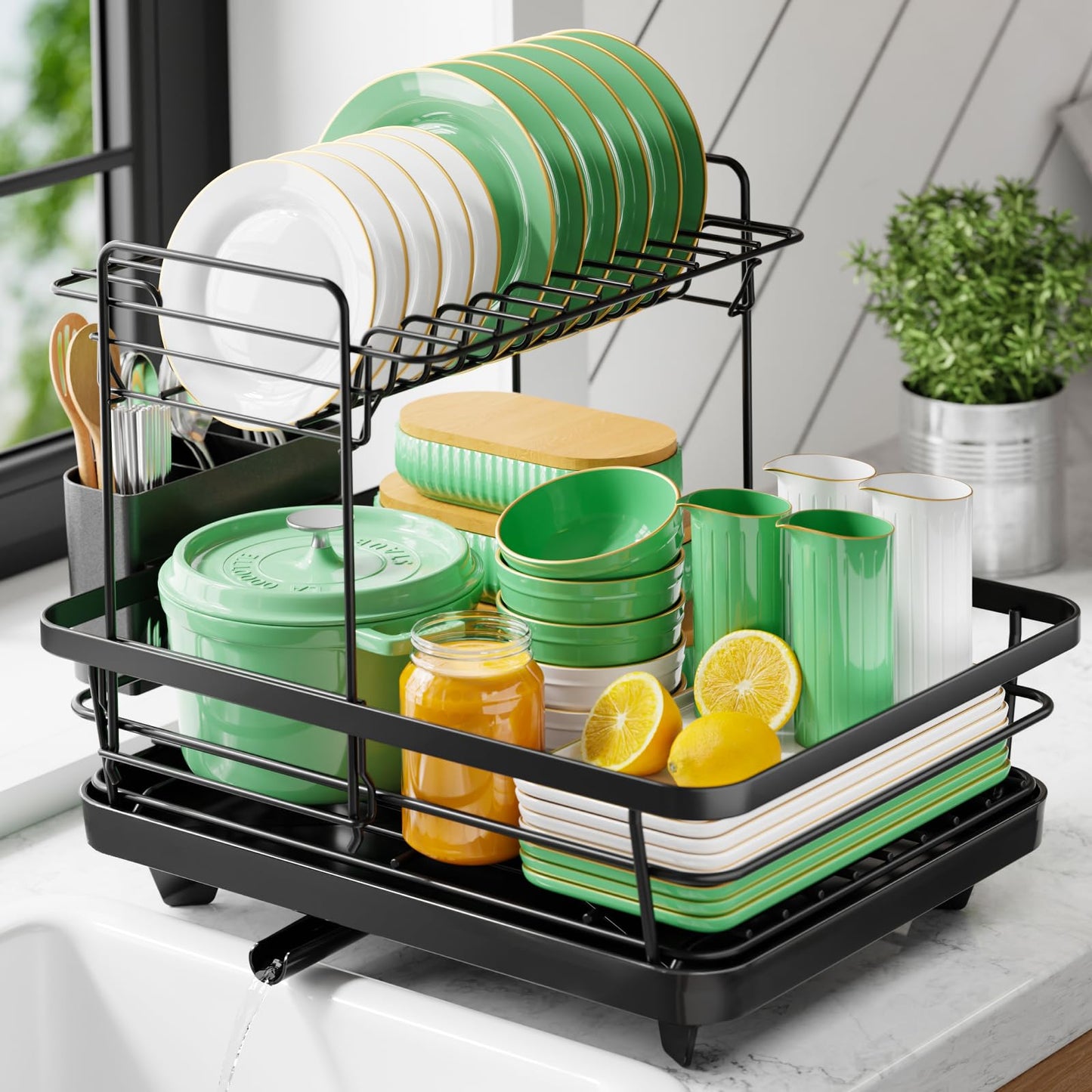 Kitsure Dish Drying Rack for Kitchen Counter, Stainless Steel Sink Organization and Storage Essentials with Cutlery Holder, Home and Appartment Decor, 12''W x 15.5''L, 2 Tiers, Black