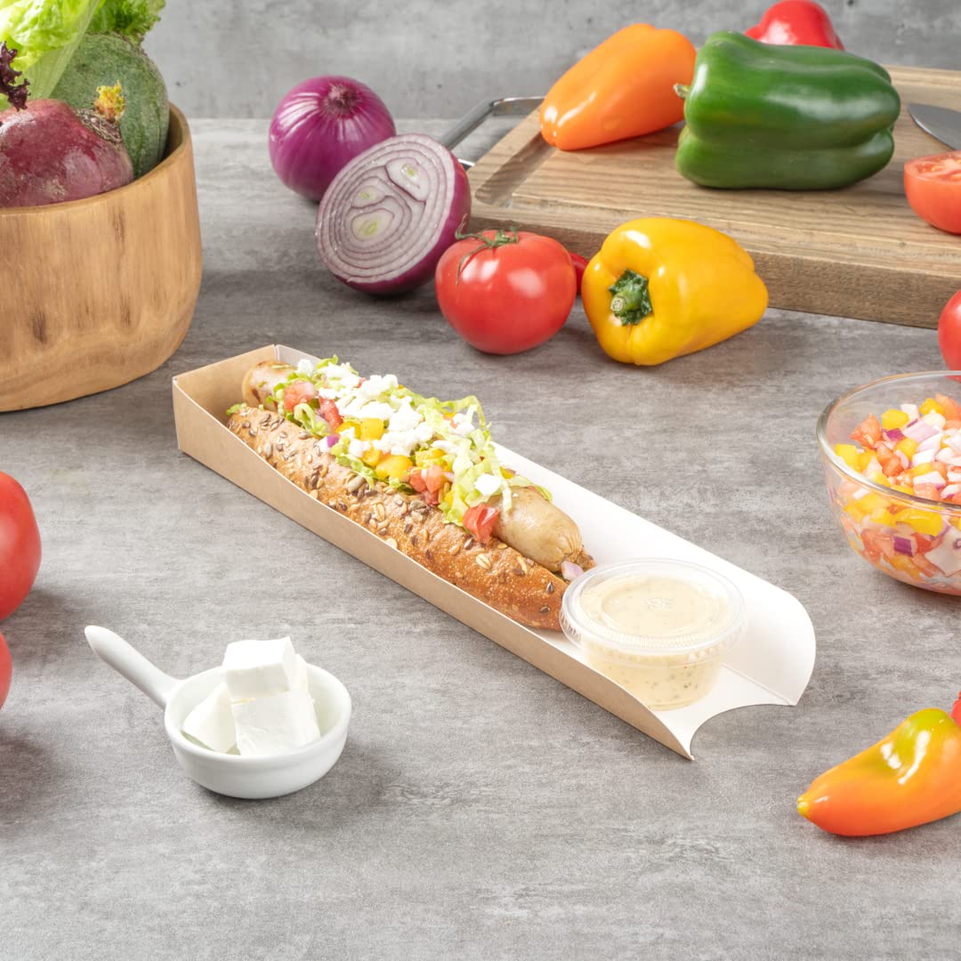 Restaurantware Bio Tek 11.8 x 2 x 1.3 Inch Hot Dog Trays 200 Open-Design Hot Dog Containers - Greaseproof Recyclable Kraft Paper Hot Dog Serving Trays