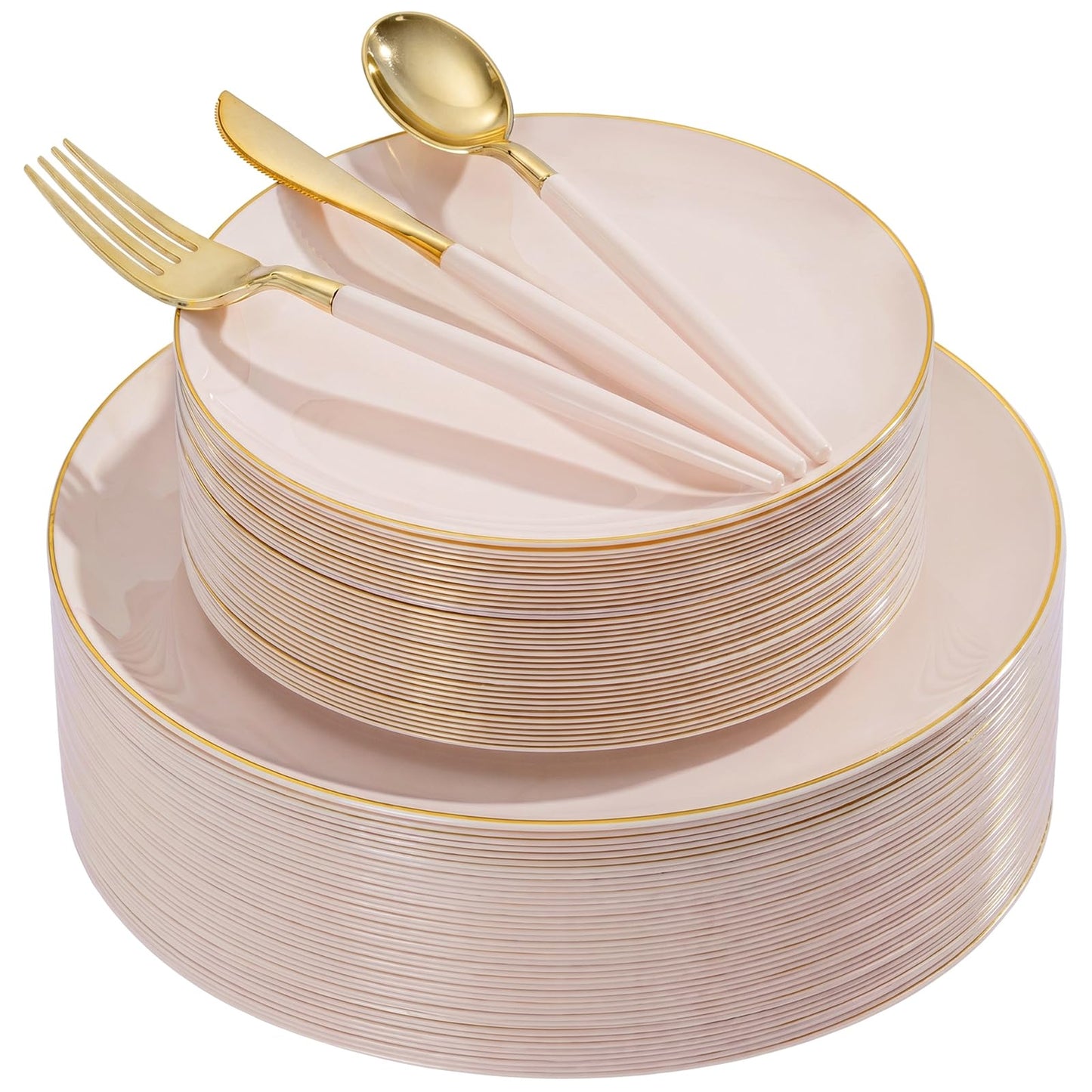 DaYammi 150Pcs Pink Plastic Plates with Gold Rim,Elegant Disposable Dinnerware with Gold Cutlery - 30 Dinner Plate,30 Dessert Plate,30 Knives,30 Forks,30 Spoons,Fancy Pink Plates for Party Wedding