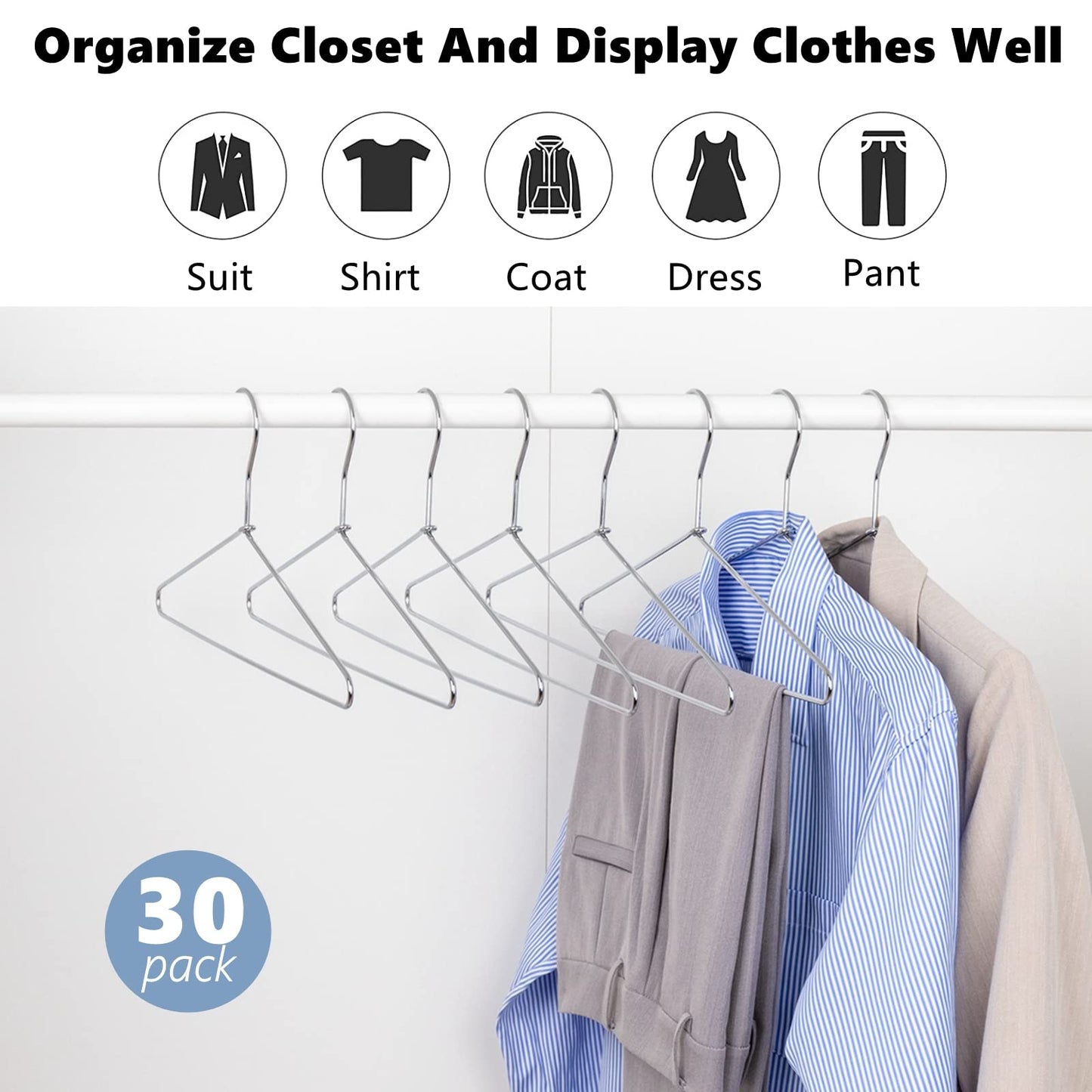 Amber Home 30 Pack Heavy Duty Metal Shirt Coat Hangers, Stainless Steel Clothes Hanger with Polished Chrome, 17 Inch Silver Metal Wire Hanger