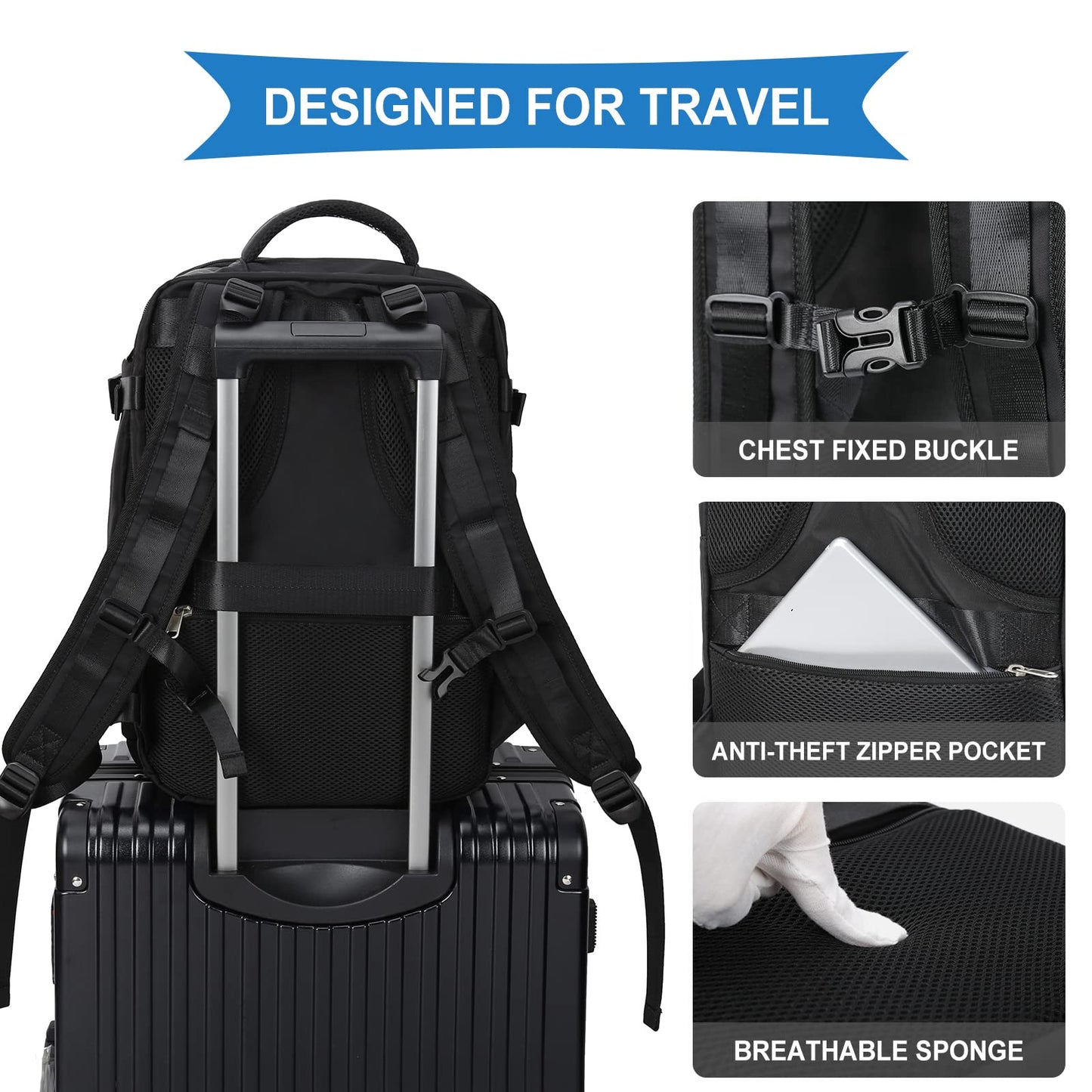 coowoz Large Travel Backpack For Women Men,Carry On Backpack Flight Approved,Hiking Backpack Waterproof Outdoor Sports Rucksack Casual Daypack Fit 15.6 Inch Laptop Shoes Compartment (Black)