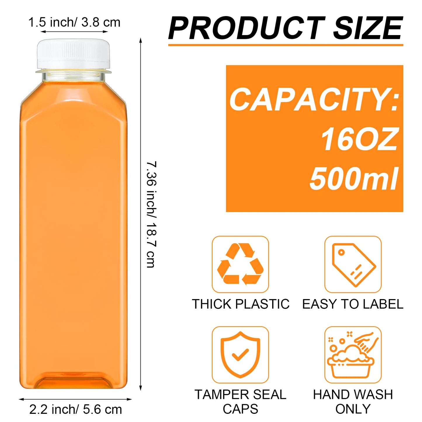 200 Pcs Plastic Juice Bottles with Caps Square Empty Clear Water Bottles Bulk Drinking Beverage Containers Reusable Empty Juicing Refillable PET Flasks with Lids for Drinks Smoothie(16oz,White)