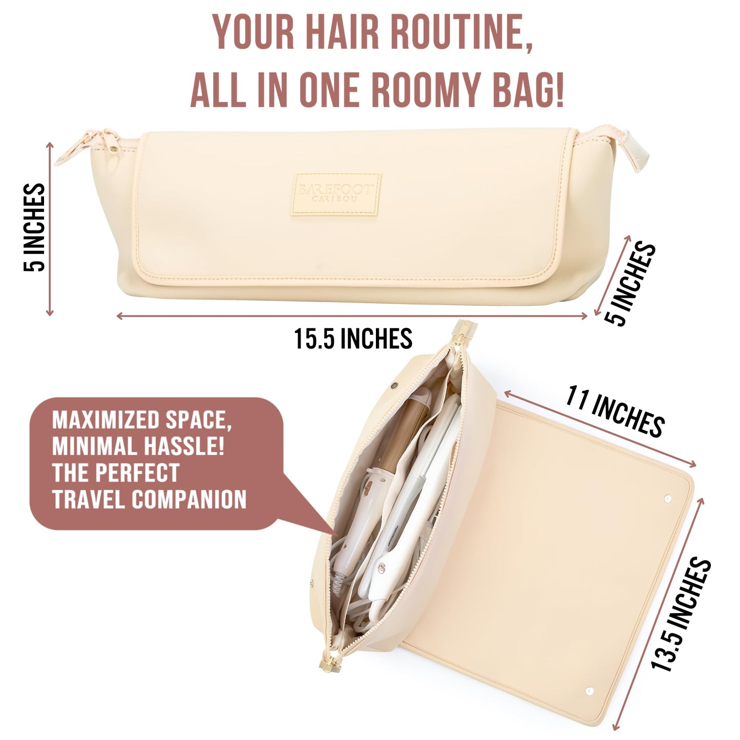 BAREFOOT CARIBOU Hair Tools Travel Bag and Heat Resistant Mat for Flat Irons, Straighteners, Curling Iron, and Haircare Accessories, 2-in-1 design, with Interior Pockets, Portable Organizer (Ivory)