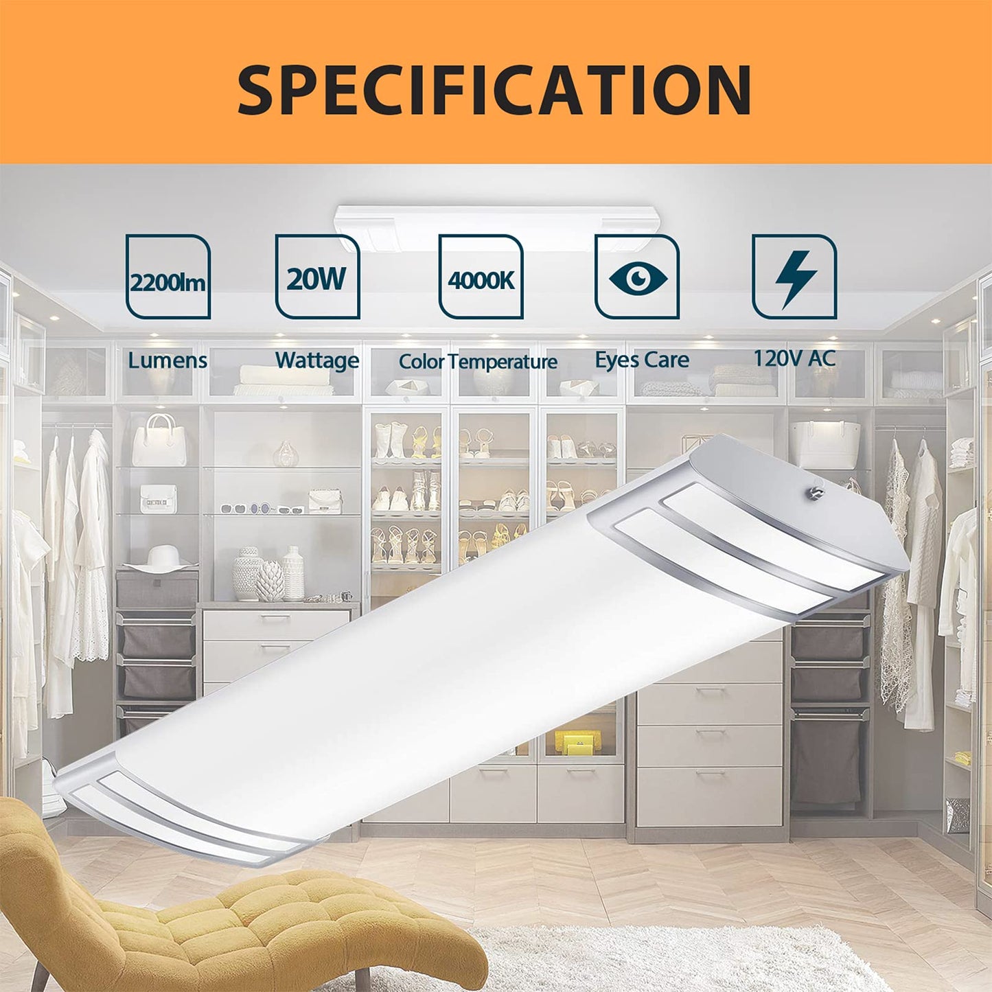 FAITHSAIL 2FT LED Light Fixture 20W, 2200lm, 4000K Neutral White, 2 Foot LED Linear Flush Mount Kitchen Lights Fixtures Ceiling for Closet, Craft Room, Laundry, Fluorescent Tube Replacement, 2 Pack