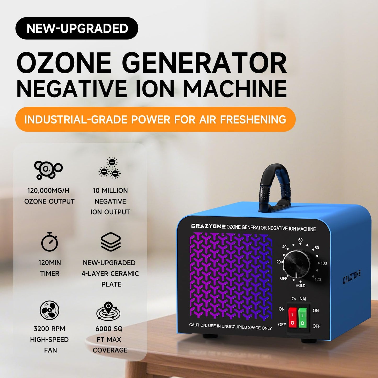 120,000mg/h Ozone Generator, High-Capacity Ozone Odor Eliminator with Negative Ion, Ozone Machine Odor Removal for Car, Home, Pets, Smoke, Commercial/Industrial Use - Covers Up to 6,000 Sq.Ft
