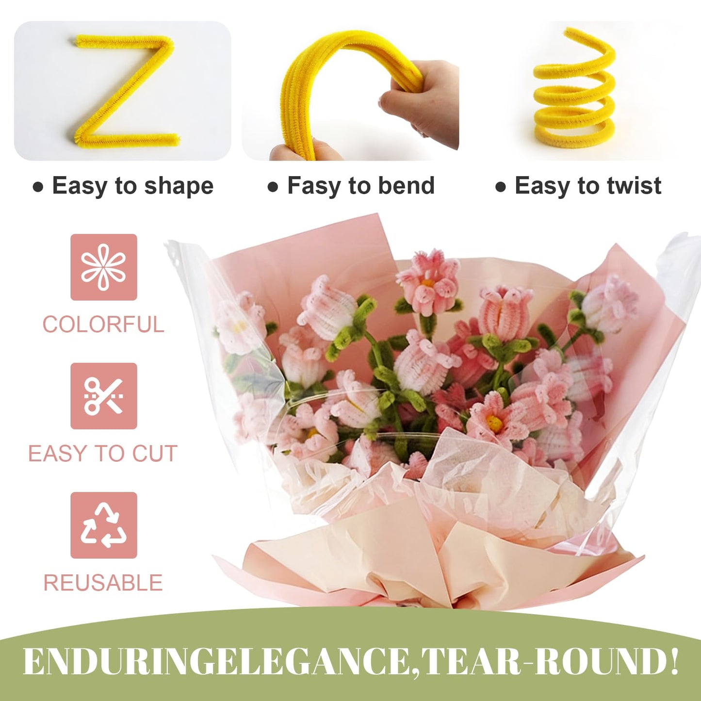 500PCS Pipe Cleaner Flower Kit,Bulk Pipe Cleaners Craft,Chenille Stems with Wrapping Paper for Valentine's Day Mother's Day Graduation Birthday